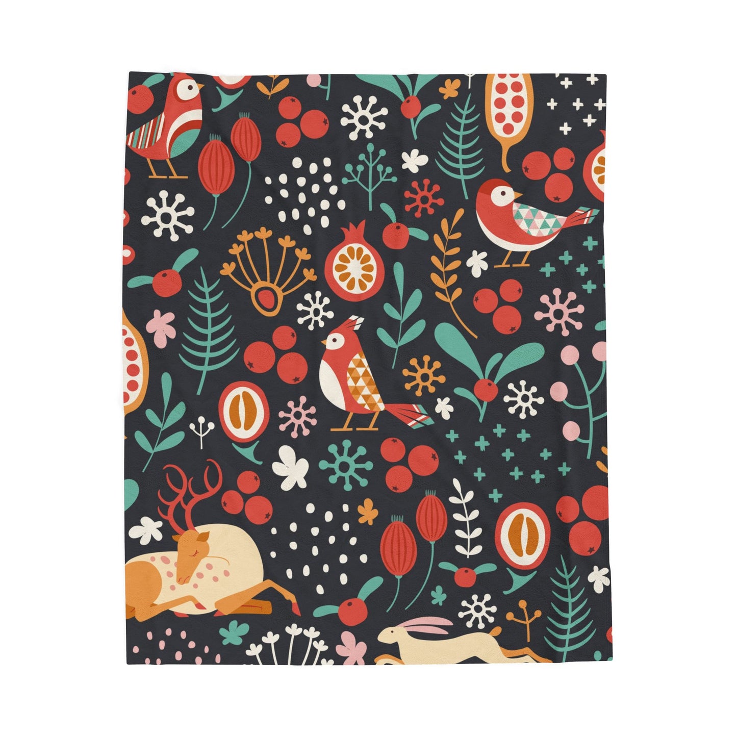 Velveteen Plush Blanket — Whimsical Forest Animals & Berries Throw