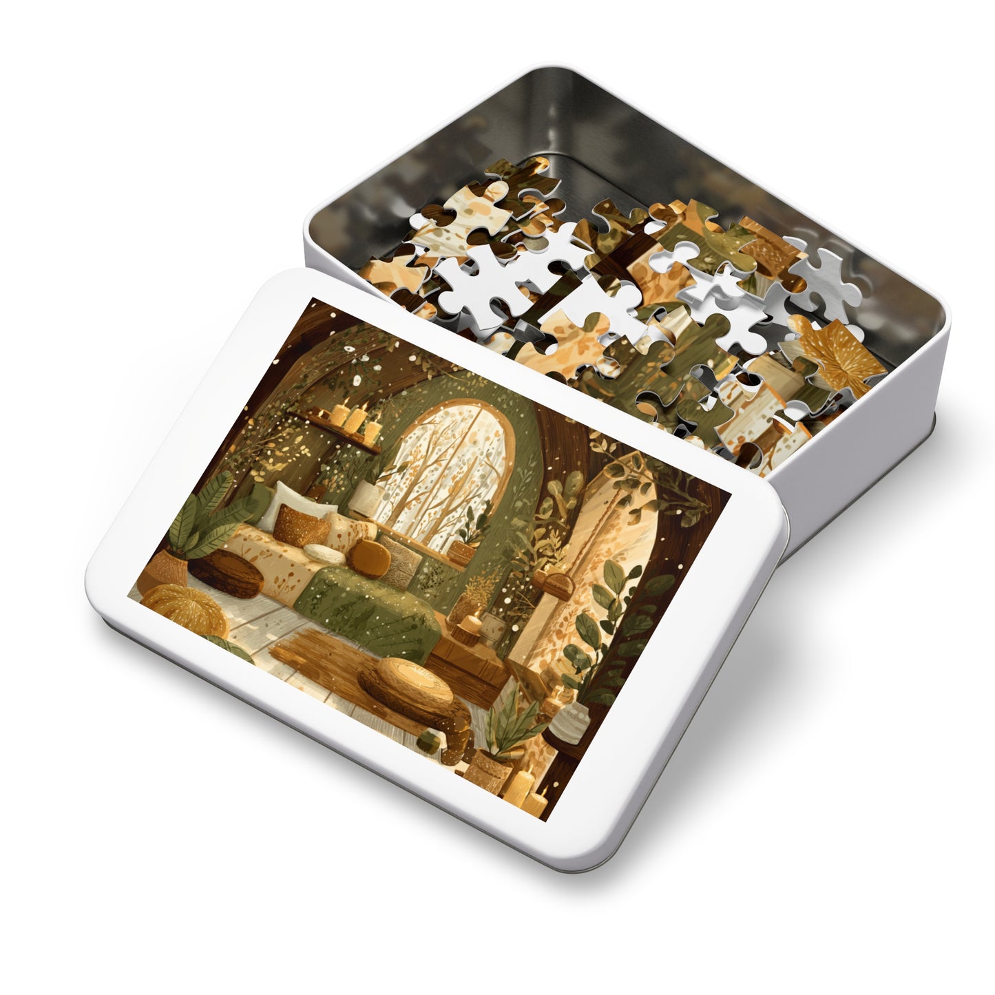 Cozy Green Nook Jigsaw Puzzle with Tin – Calming Botanical Room Scene