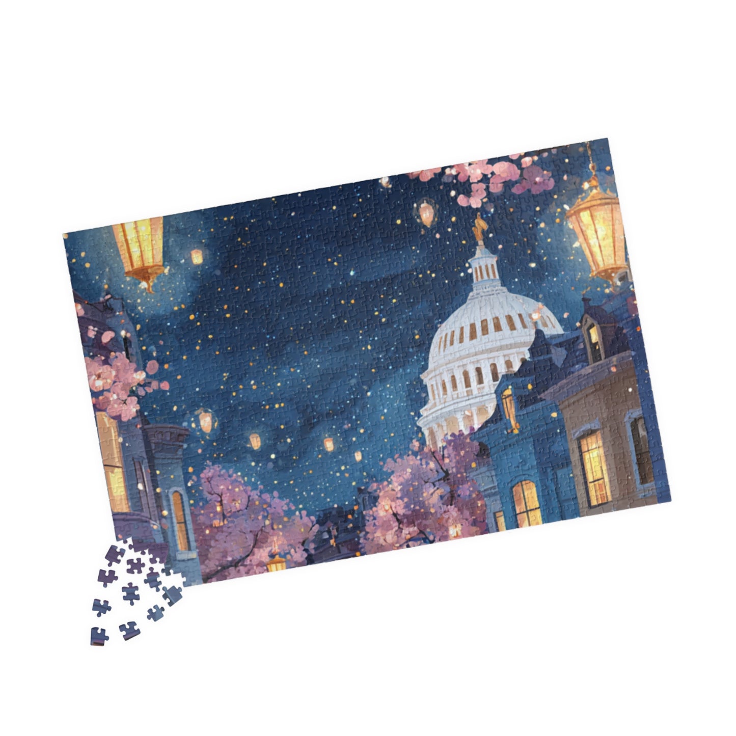 Cherry Blossom Night Skyline Puzzle — Washington Capitol Evening Jigsaw (110–1014 pcs)