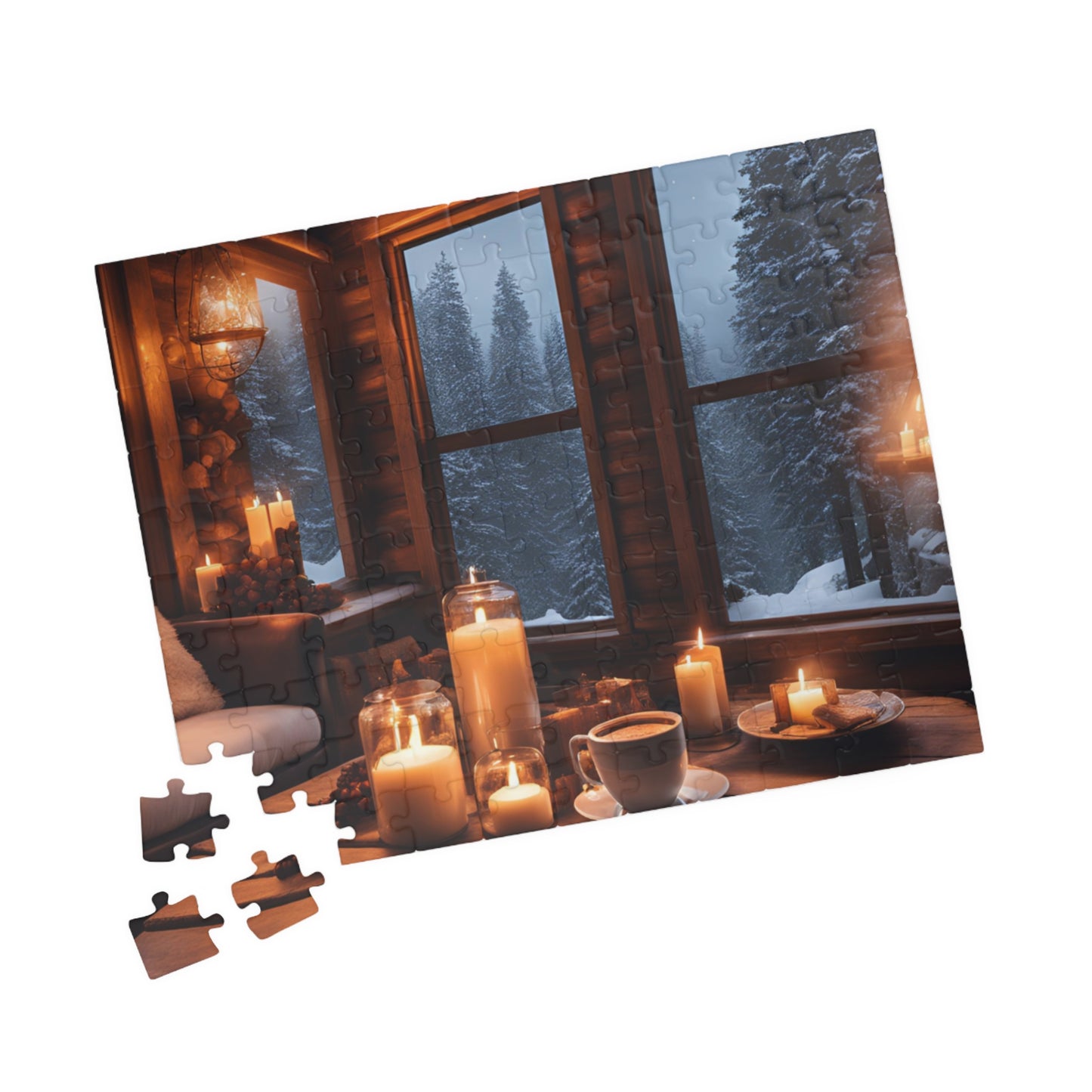 Winter Cabin Glow Puzzle – Cozy Rustic Cabin, Candlelight & Snowy Night, Perfect Winter & Holiday Gift