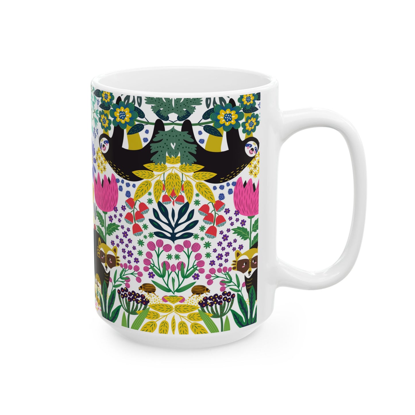 Whimsical Sloth & Raccoon Mug, Bright Floral Forest Animal Coffee Cup, Cheerful Design, 11oz and  15oz, Cute Animal Lover Gift