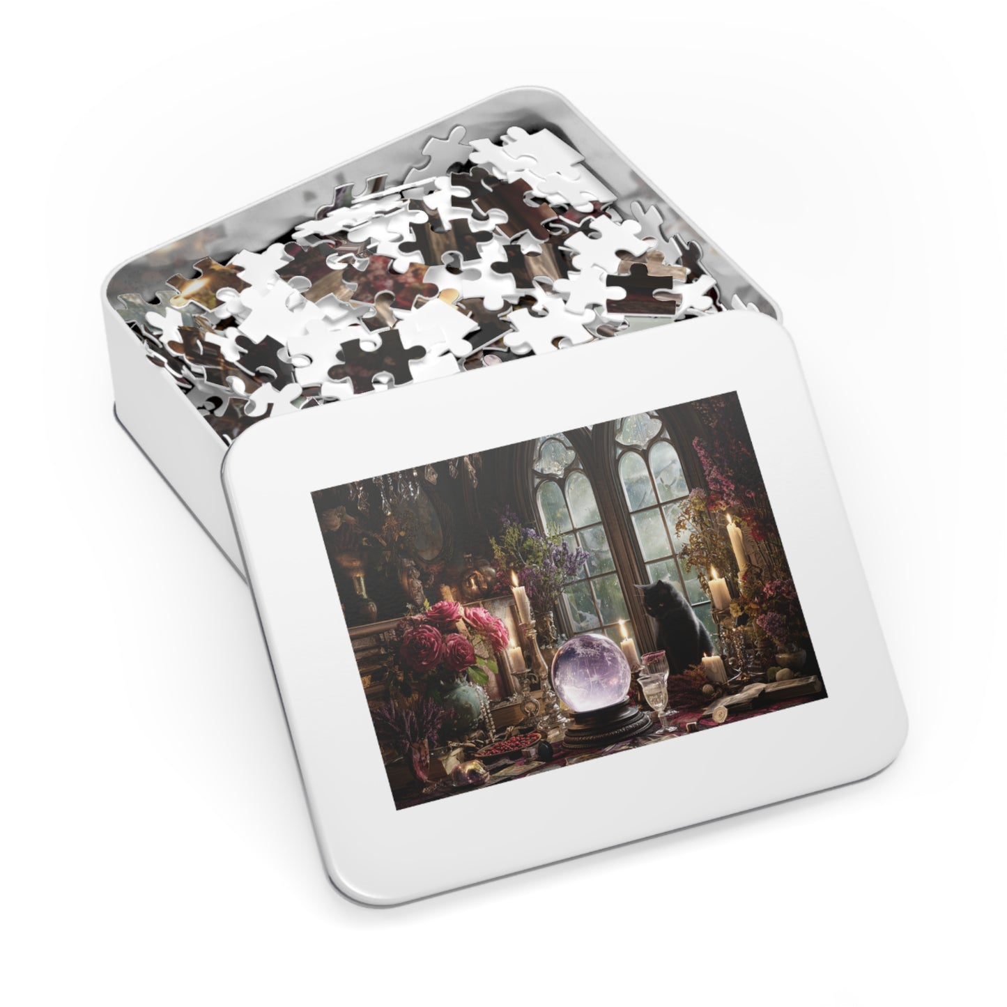 Witchs Enchanted Chamber Puzzle with a Black Cat, Crystal Ball & Tarot Magic with a Gift Tin, Halloween Activity