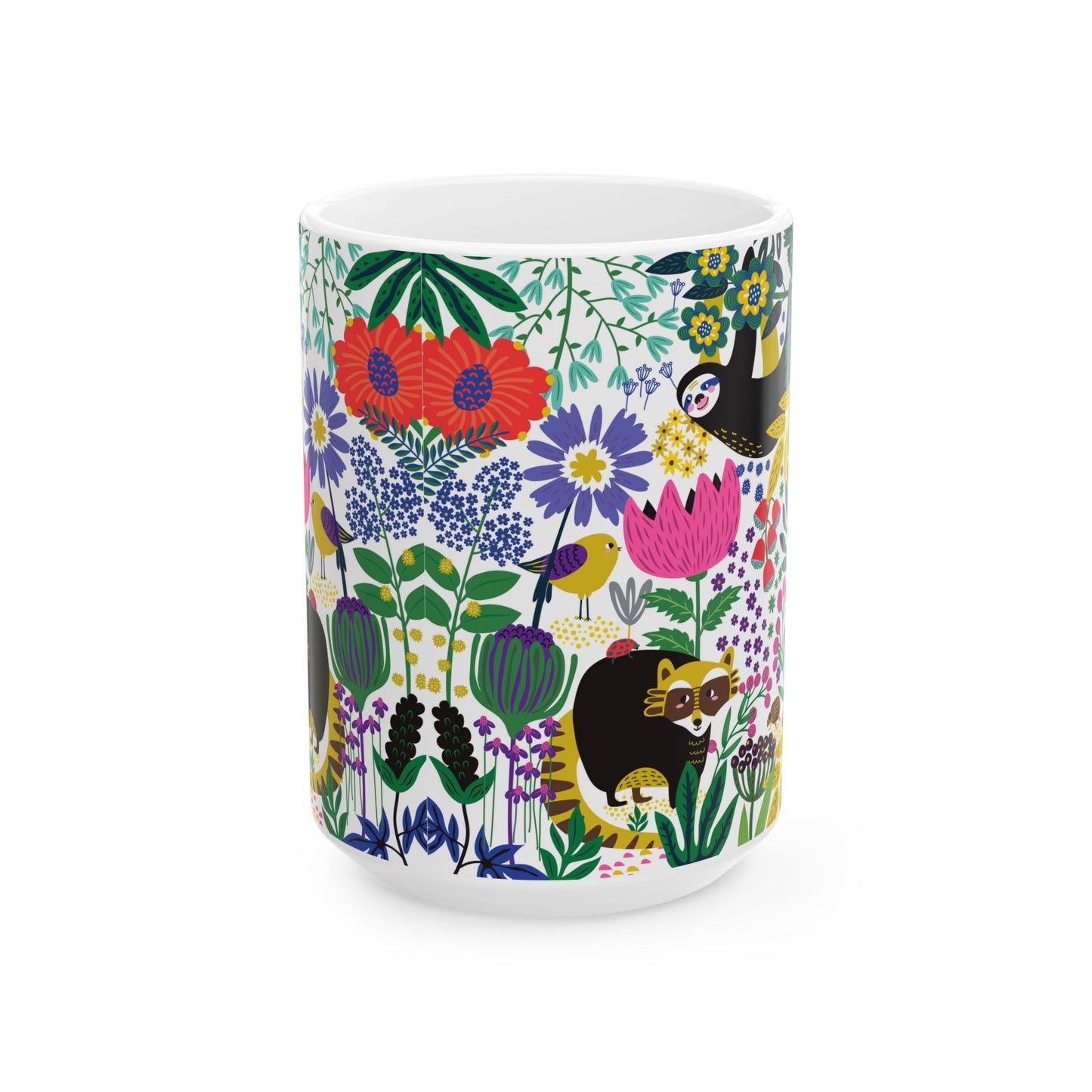 Whimsical Sloth & Raccoon Mug, Bright Floral Forest Animal Coffee Cup, Cheerful Design, 11oz and  15oz, Cute Animal Lover Gift