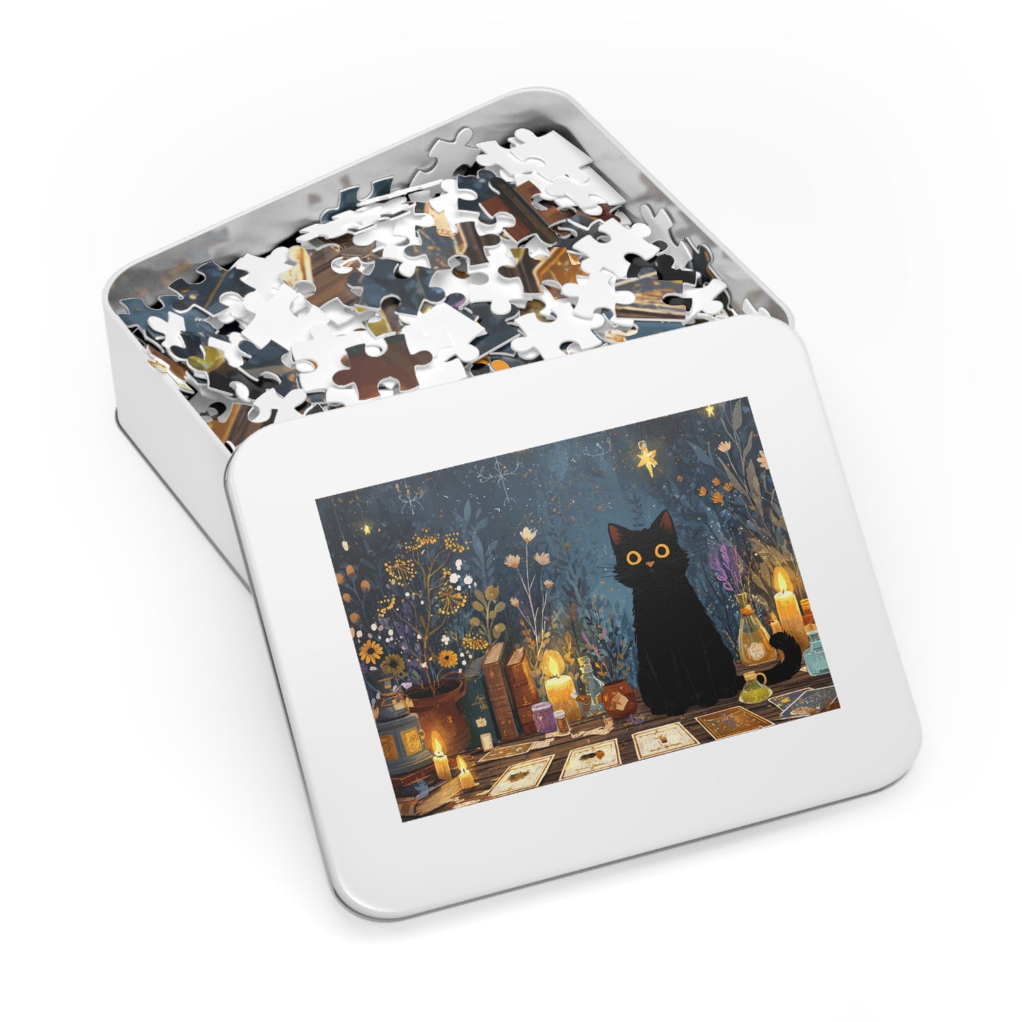 Enchanted Black Cat Puzzle with Tarot, Candles, and Spellbinding Herbs in A Gift Tin. Gift for Cat lovers, Halloween Gift Puzzle