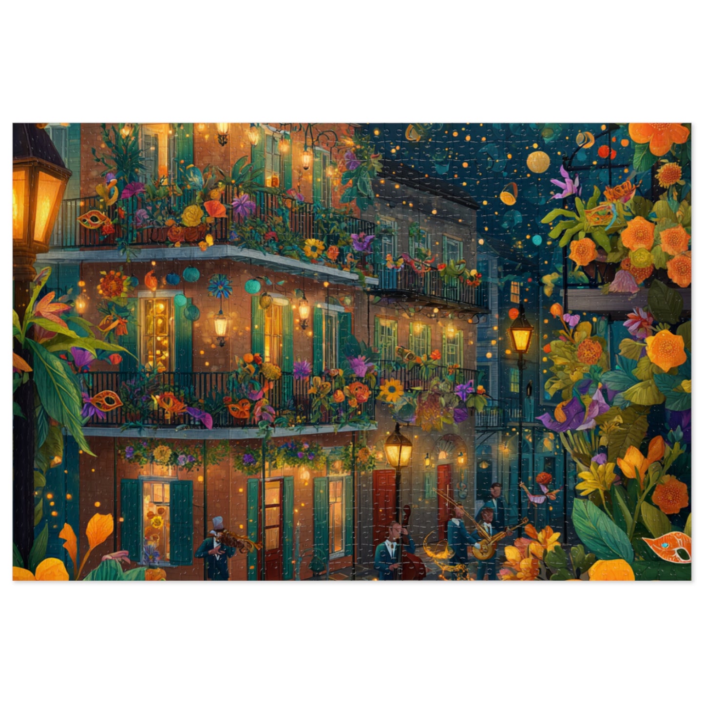Whimsical New Orleans Jazz Puzzle – A Colorful Night in the Crescent City Jigsaw Puzzle with Tin