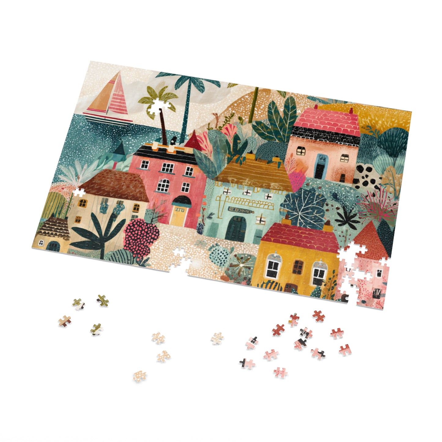 Colorful Coastal Village Jigsaw Puzzle with Tin – Fun Family Activity, Whimsical Folk Art Puzzle, Gift for All Ages