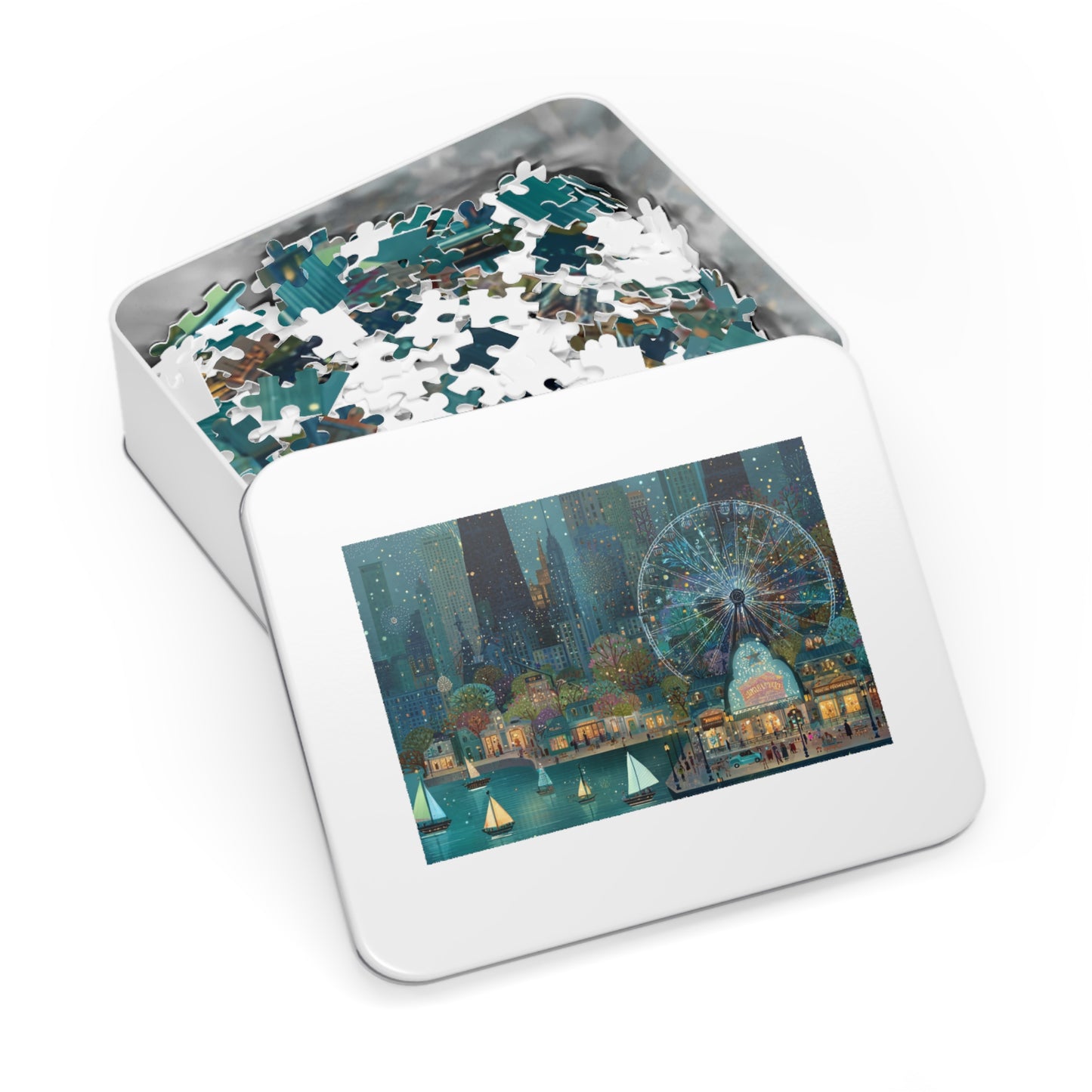 Seattle Waterfront Whimsical Jigsaw Puzzle with Tin