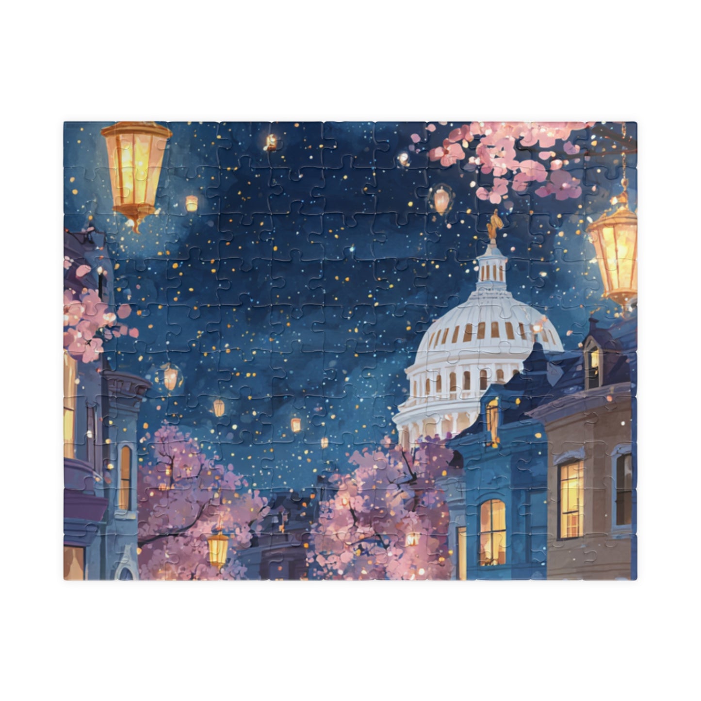 Cherry Blossom Night Skyline Puzzle — Washington Capitol Evening Jigsaw (110–1014 pcs)
