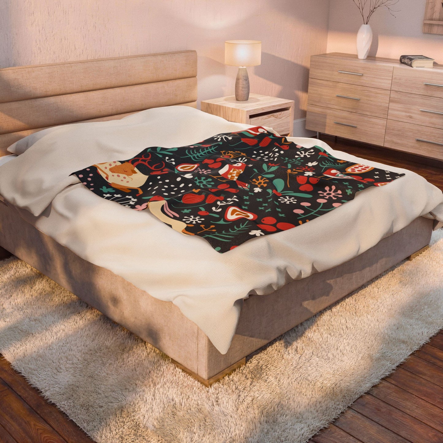 Velveteen Plush Blanket — Whimsical Forest Animals & Berries Throw