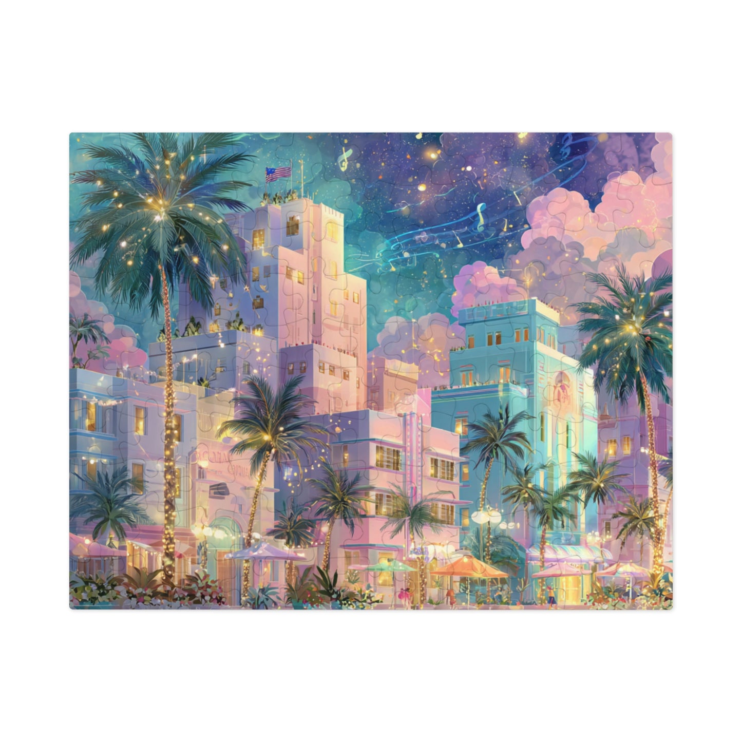Whimsical Miami Puzzle – Colorful Tropical Cityscape-Jigsaw Puzzle with Tin
