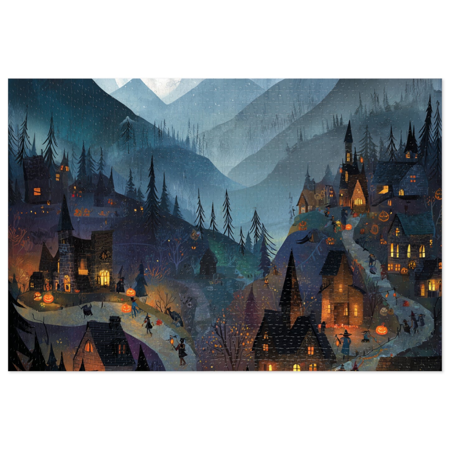 Haunted Mountain Town Puzzle, Spooky Halloween Streets and Eerie Nightscape Jigsaw Puzzle with Tin, Halloween Puzzle