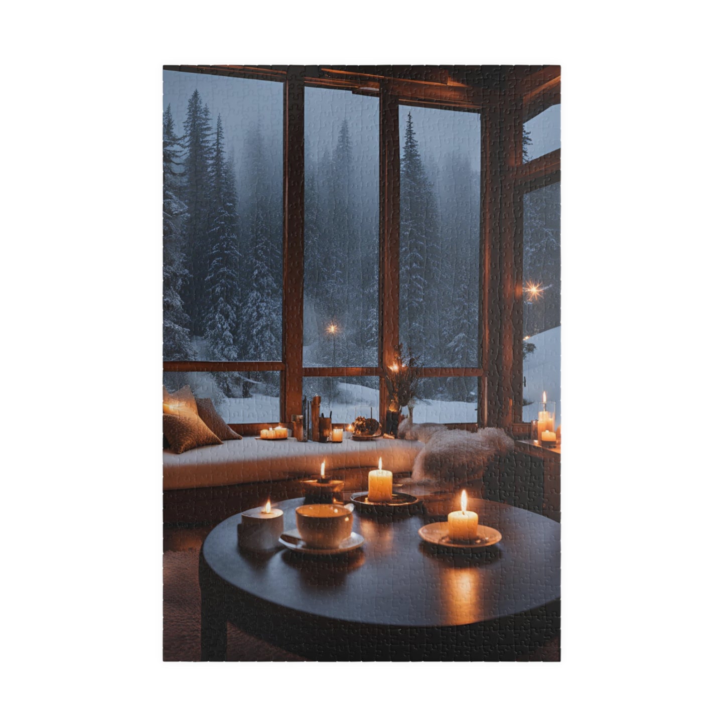 Snowy Night Retreat- Puzzle of a Cozy Living Room with Firelight and Hot Coffee
