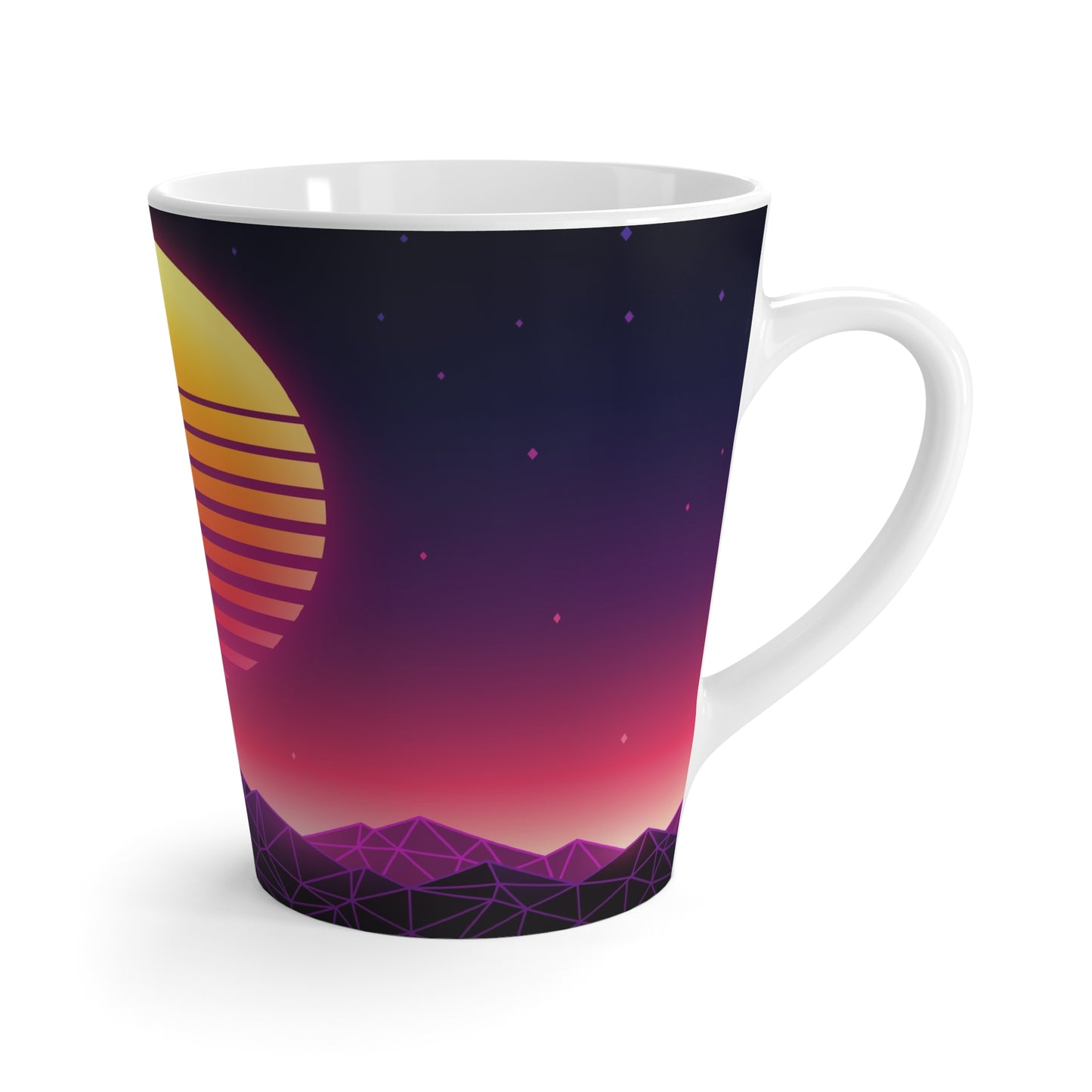 Retro Sunset Latte Mug — Vaporwave Neon Sun & Synthwave Mountains