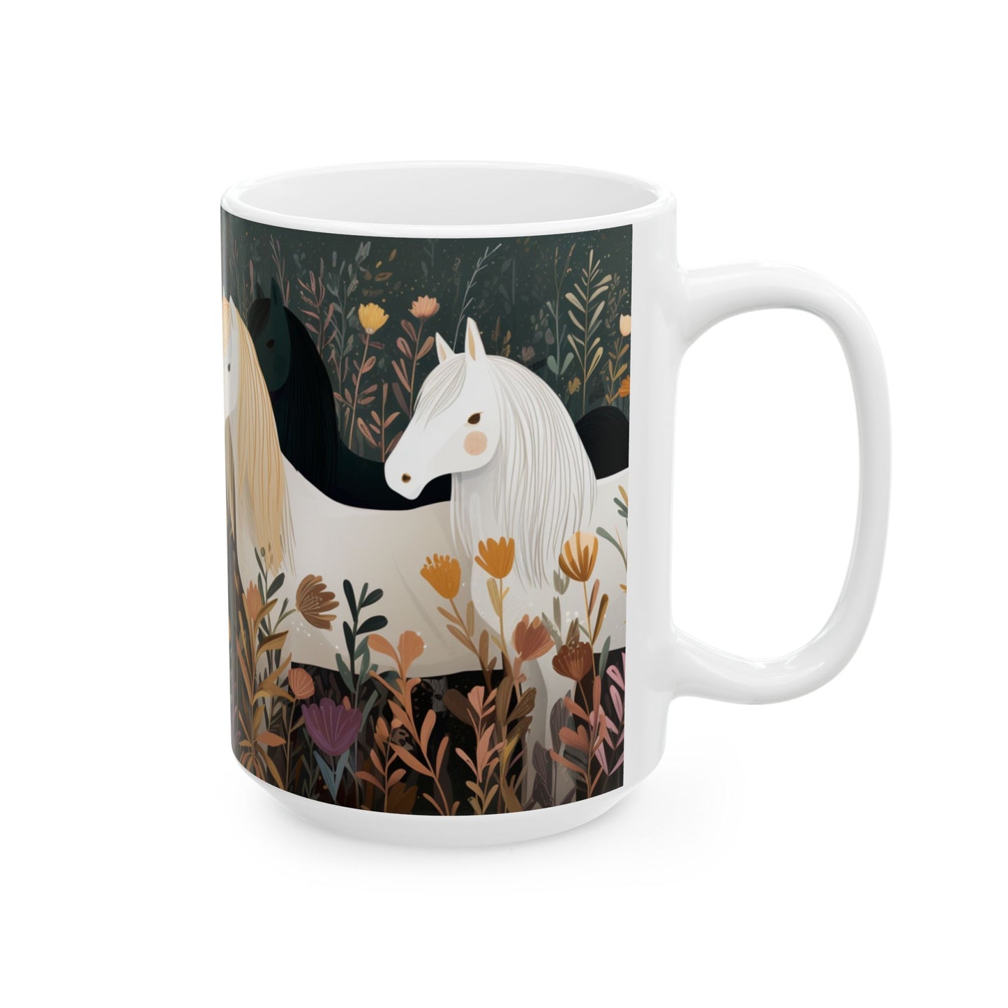 Whimsical Horse Mug, Grazing Horses in a Wildflower Field, Country Farm Coffee Cup, Equestrian Gift, Nature Lover Mug, 11oz and  15oz