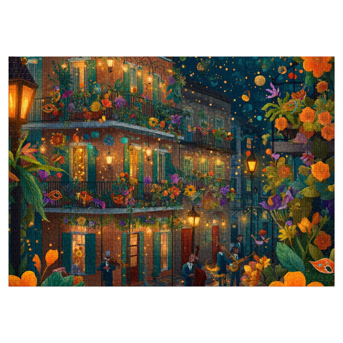 Whimsical New Orleans Jazz Puzzle – A Colorful Night in the Crescent City Jigsaw Puzzle with Tin
