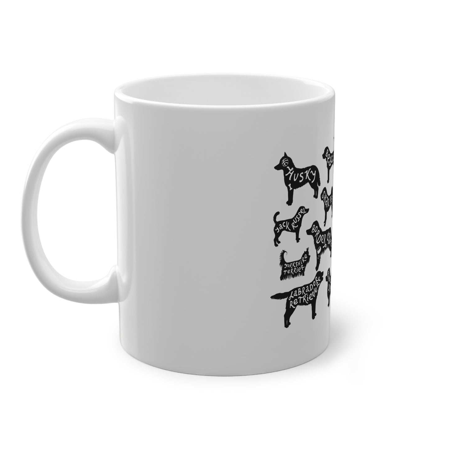 Dog Breeds Mug – Black Silhouette Breed Names Coffee Cup (11 oz)