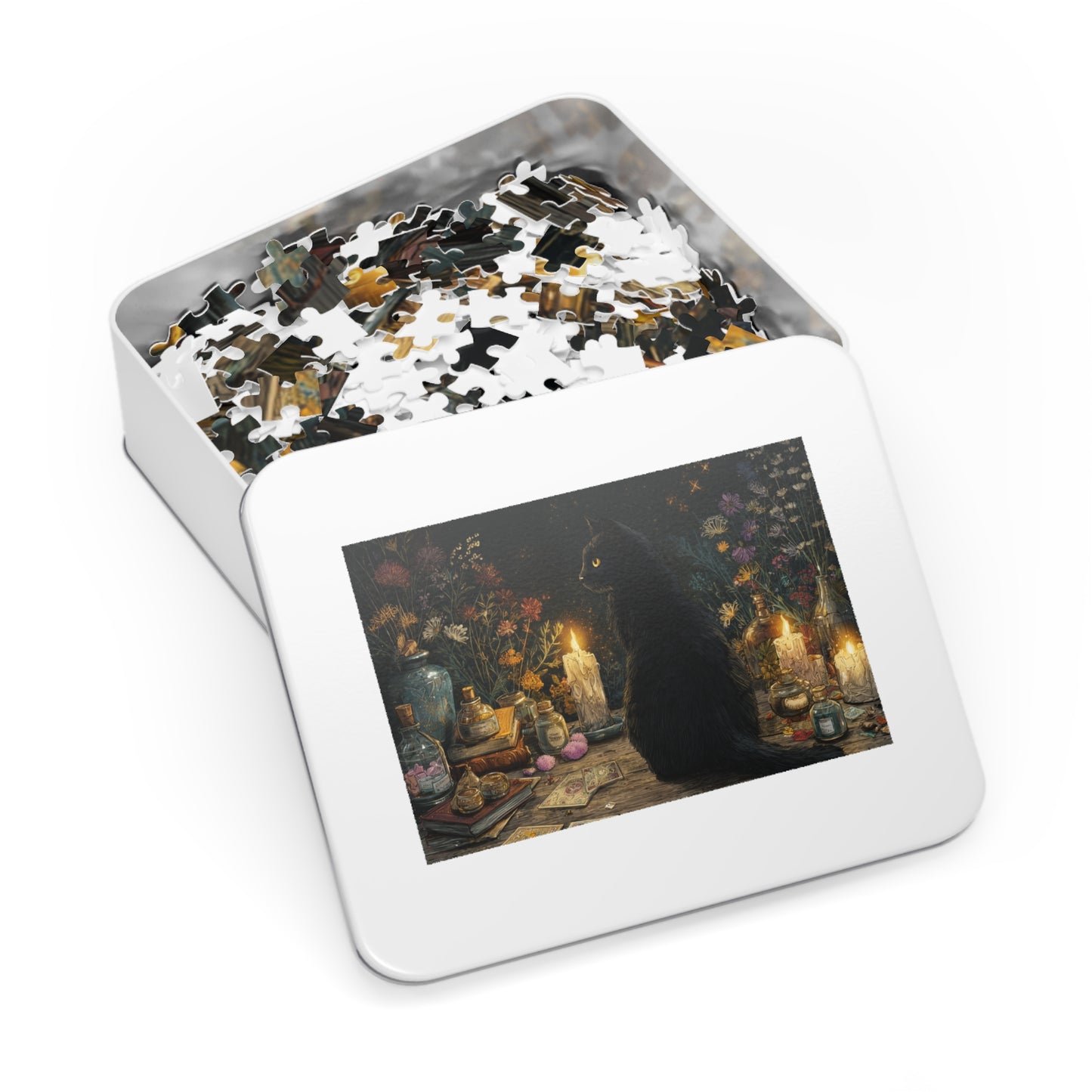 Mystical Black Cat Puzzle,  Enchanted Tarot, Candles & Herbs Jigsaw Puzzle in Gift Tin - Mystical Vibes, Halloween Gift. Gothic Gift