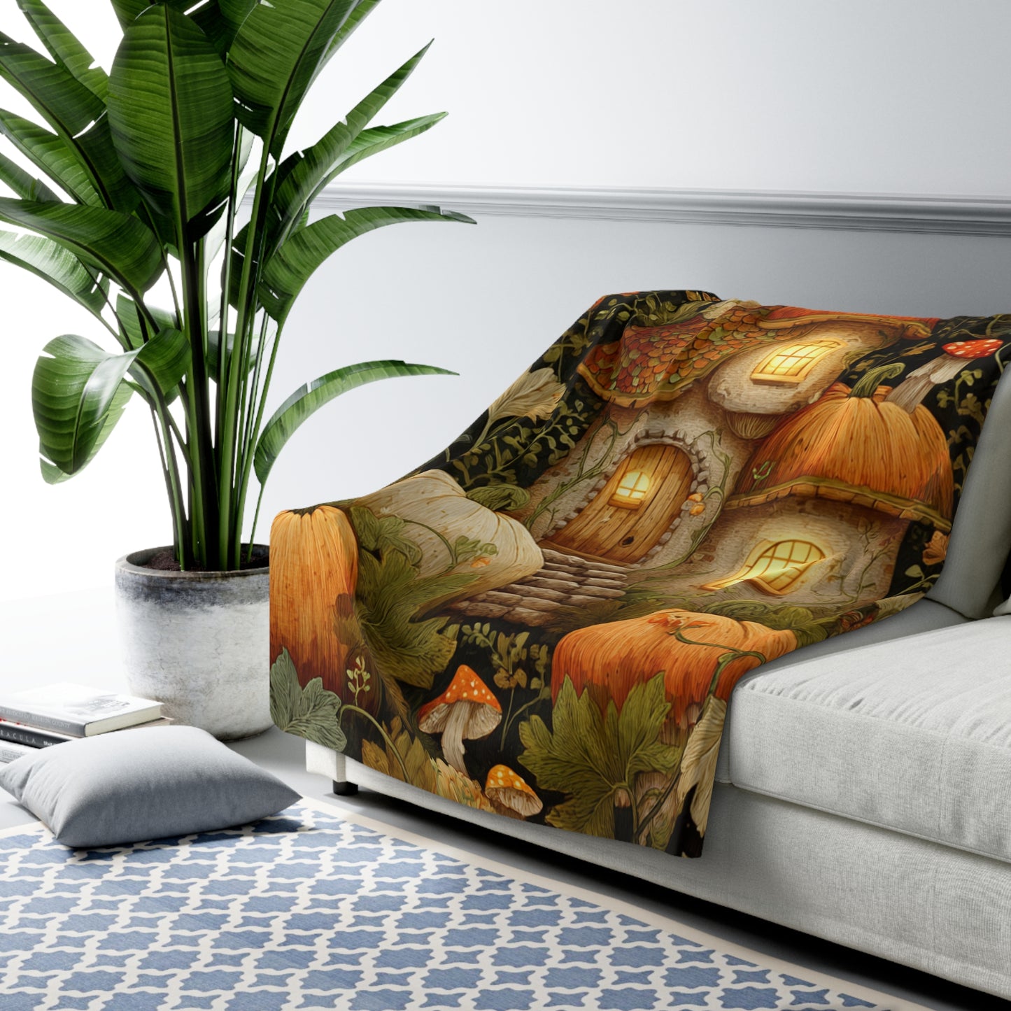 Autumn Gnome Houses Sherpa Fleece Blanket | Cozy Fall Throw | Whimsical Home Decor | Seasonal Home Accent | Fall Gnome Village Design