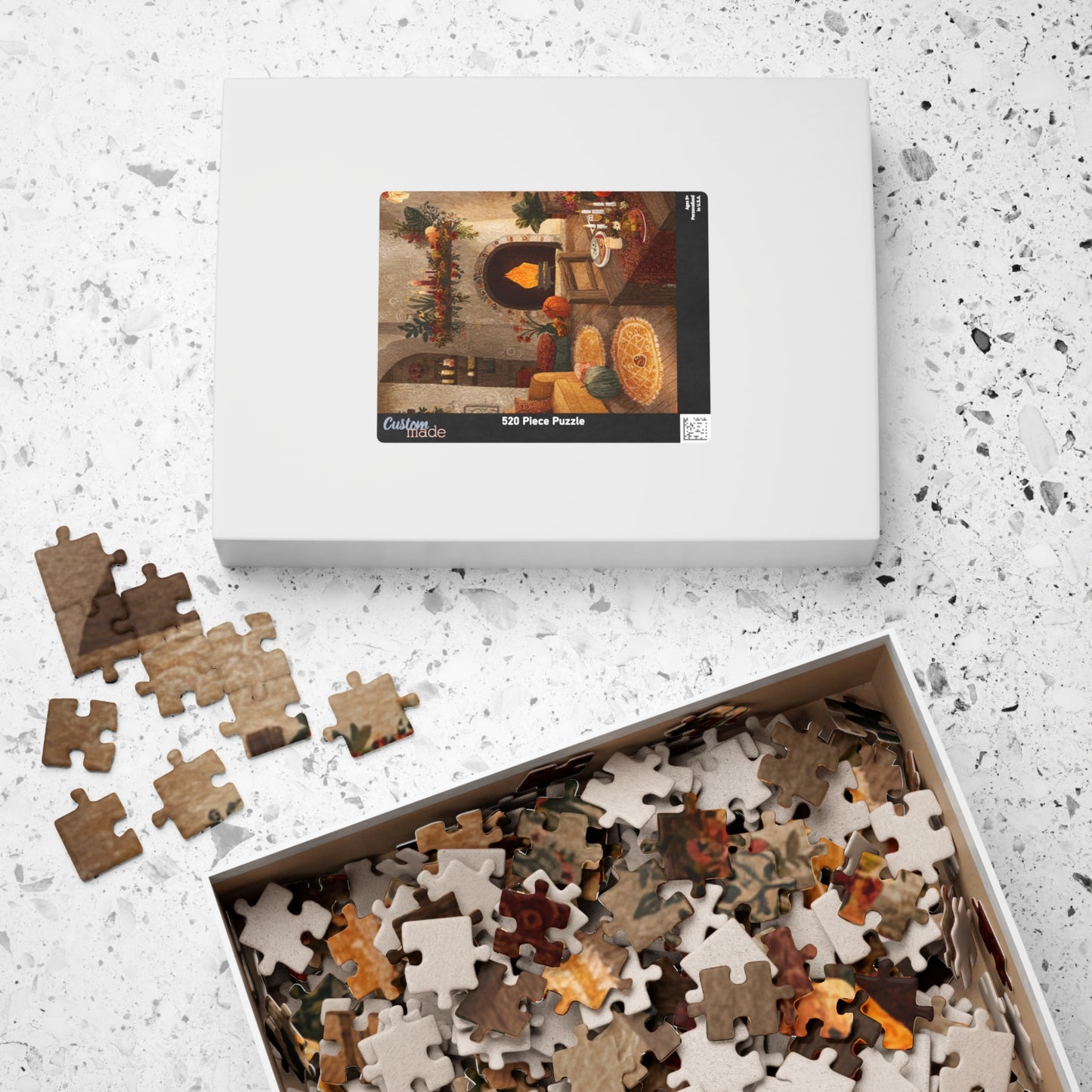 Autumn Cozy Living Room Puzzle | Glowing Fireplace Fall Decor | Cozy Seasonal Jigsaw Gift | Jazz N’ Coffee Puzzles