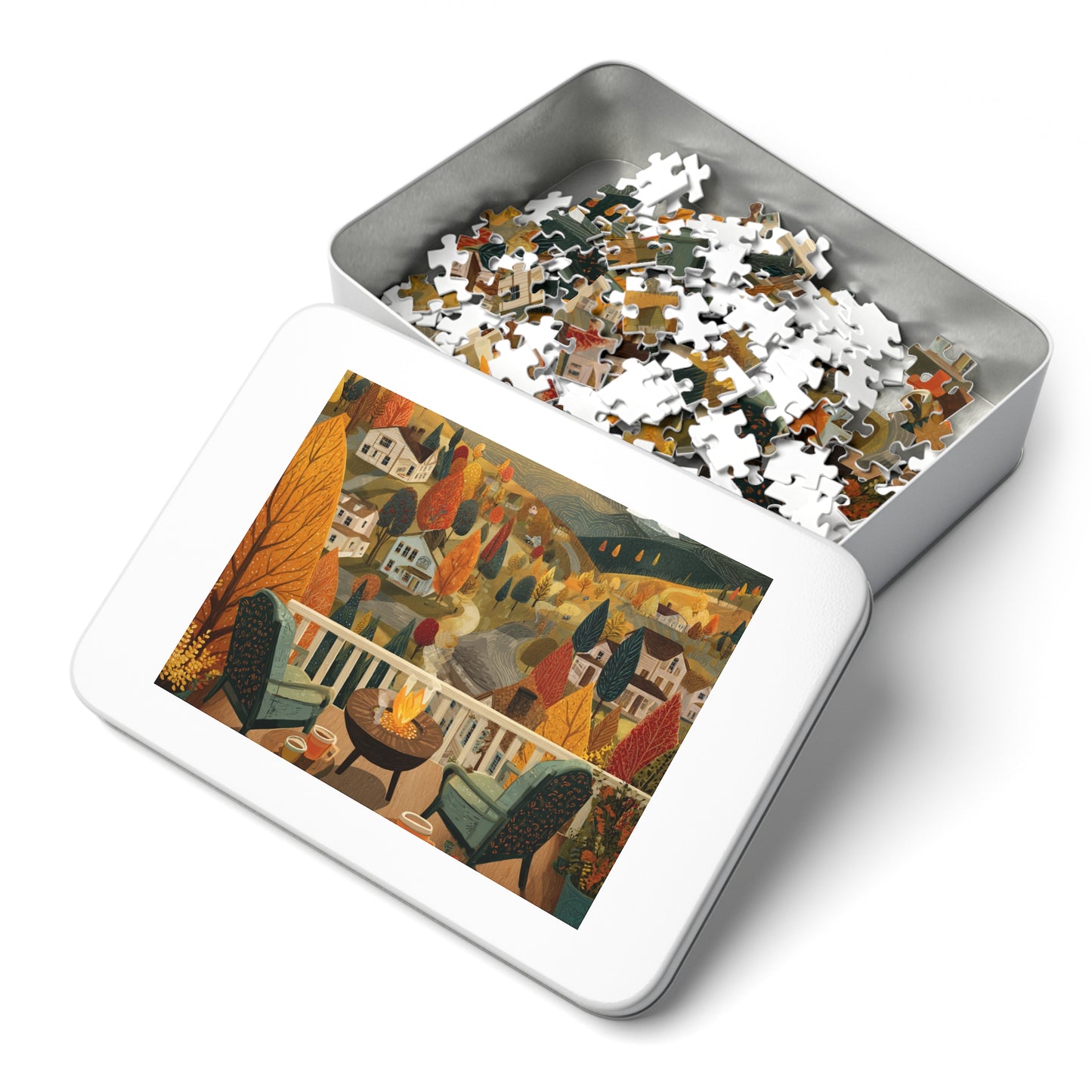 Autumn Porch Scene Jigsaw Puzzle with Tin — Cozy Fall Landscape 500pc