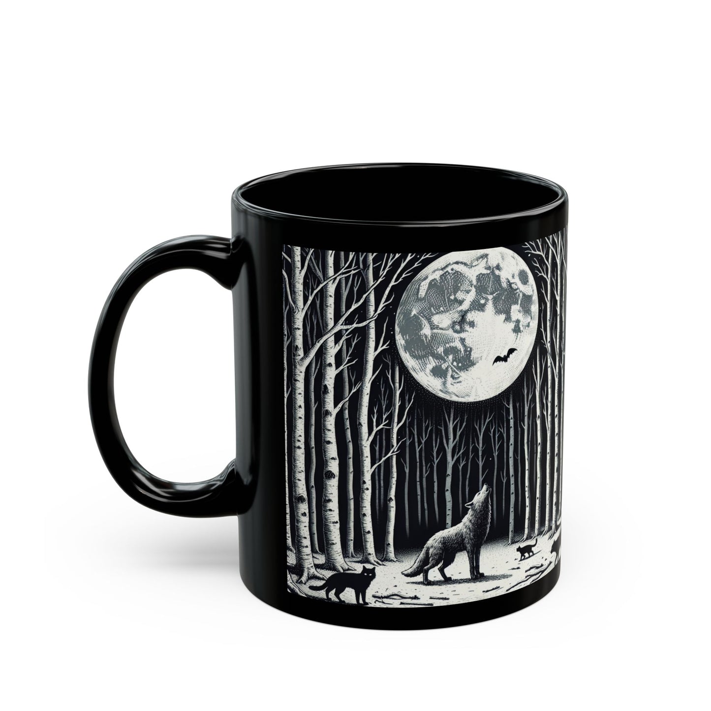 Mystical Moonlit Forest Mug with Wolf and Black Cat, Black Coffee Cup, Forest Lovers Gift, Perfect for Halloween