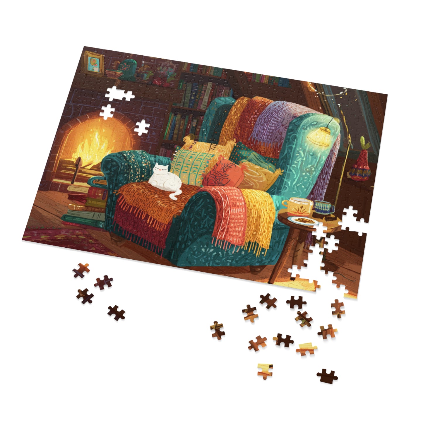 Colorful Cozy Armchair With A White Cat and Fireplace Jigsaw Puzzle with Tin – 500-Piece Relaxing Reading Nook Scene