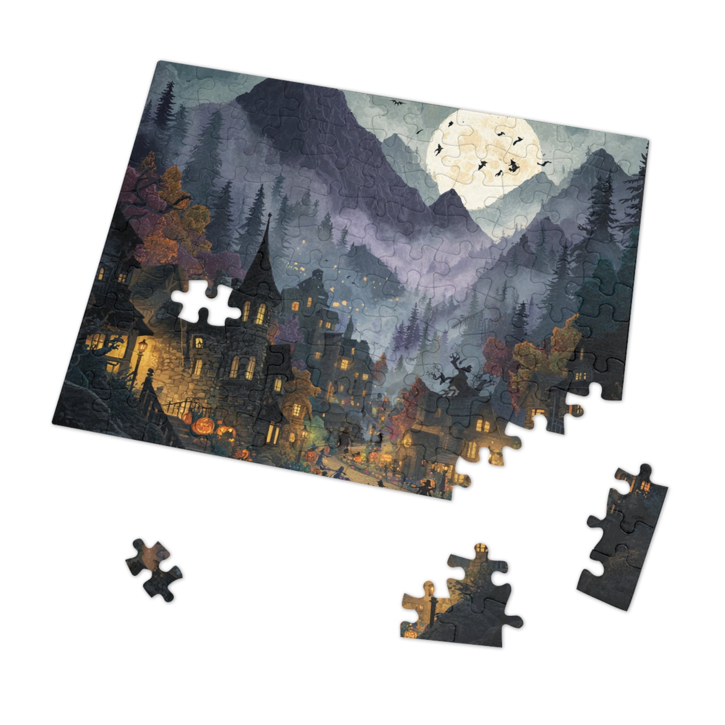 Spookington Village Puzzle Collection,  Spookington Village on Old Hallows Eve with Tin, Halloween Puzzle