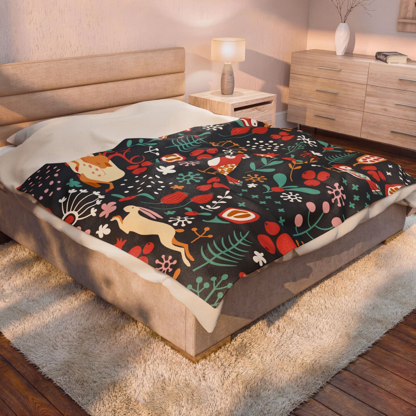 Velveteen Plush Blanket — Whimsical Forest Animals & Berries Throw
