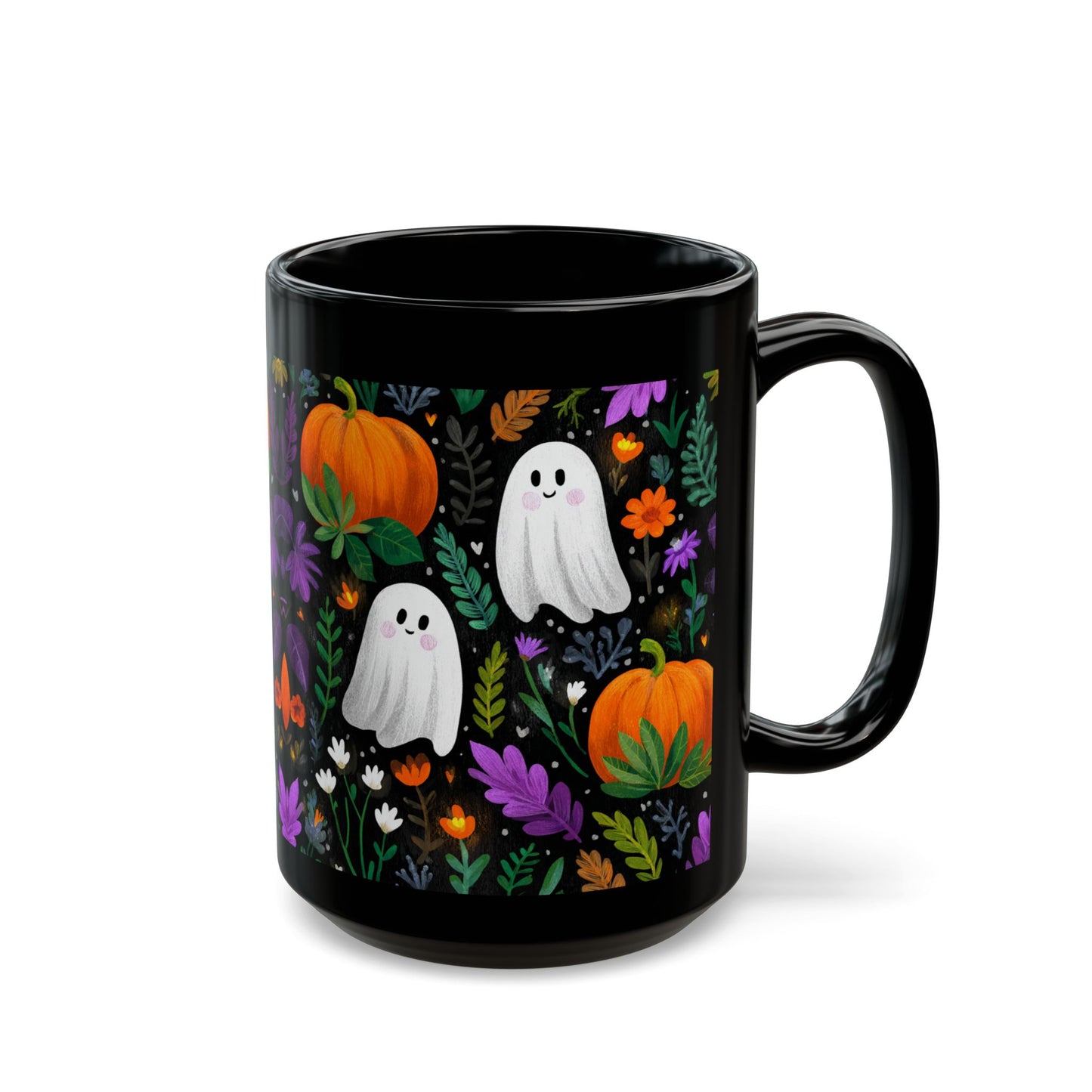 Halloween Black Mug with Cute Ghosts, Pumpkins and Flowers, 11 oz and 15 oz, Fall Decor, Spooky Gift, Autumn Mug, Halloween Celebration