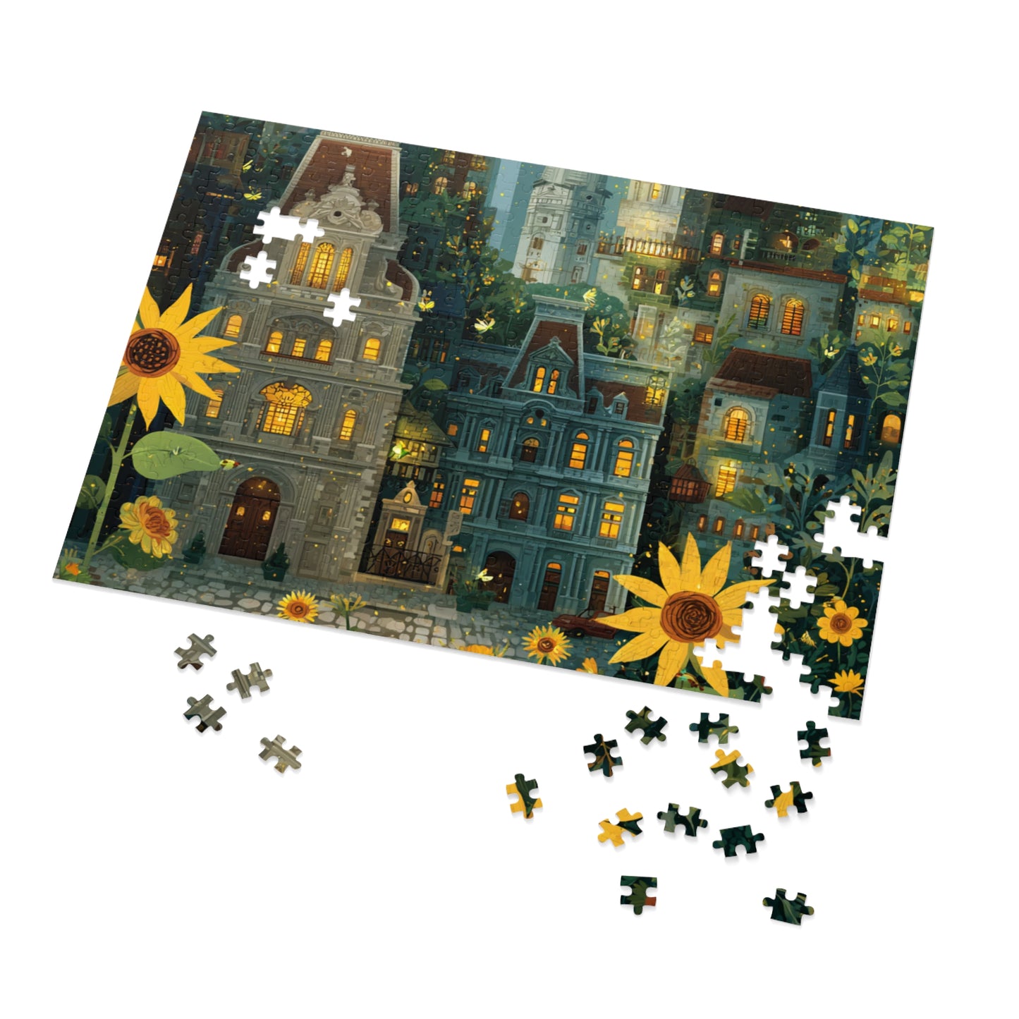 Whimsical Philadelphia Cityscape Sunflower Jigsaw Puzzle with Tin