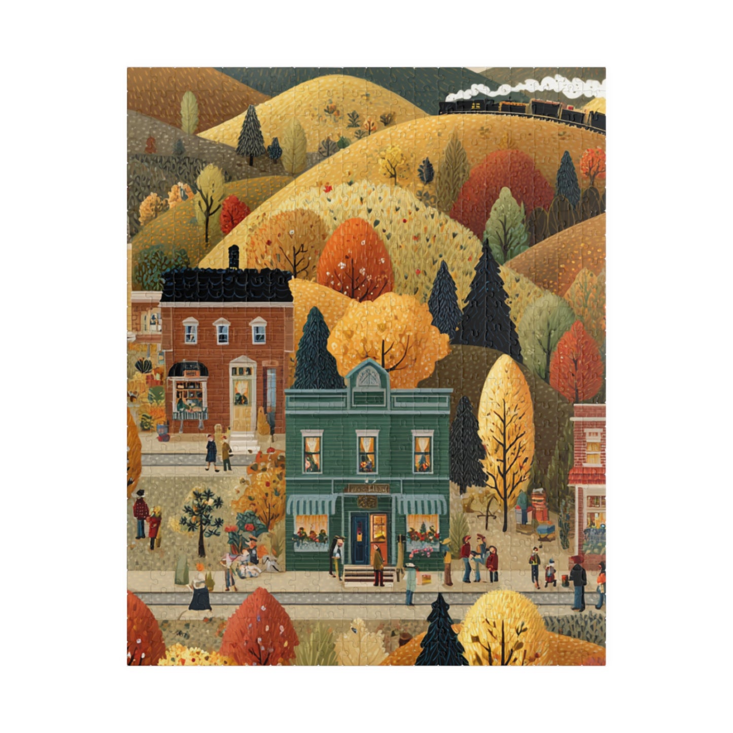 Whispering Pines Village Puzzle | Autumn Mountain Countryside Scene | Cozy Fall Jigsaw Gift | Jazz N’ Coffee Puzzles