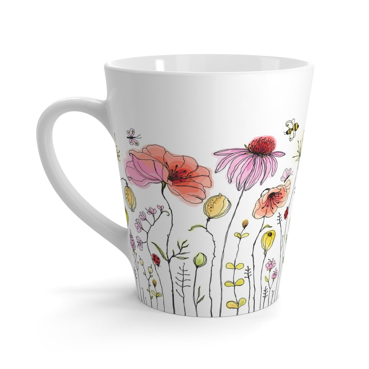 Floral Latte Mug with Bumblebees & Butterflies | Coffee Cup, Tea Mug, Gift for Garden Lovers, Mother's Day Gift, Hand-Illustrated Design