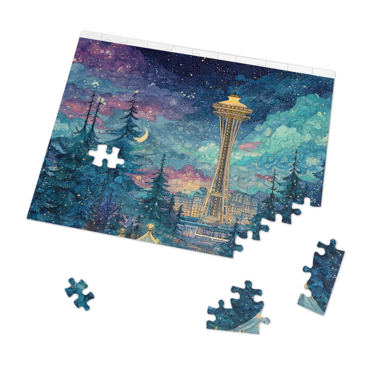 Whimsical Seattle Jigsaw Puzzle with Tin