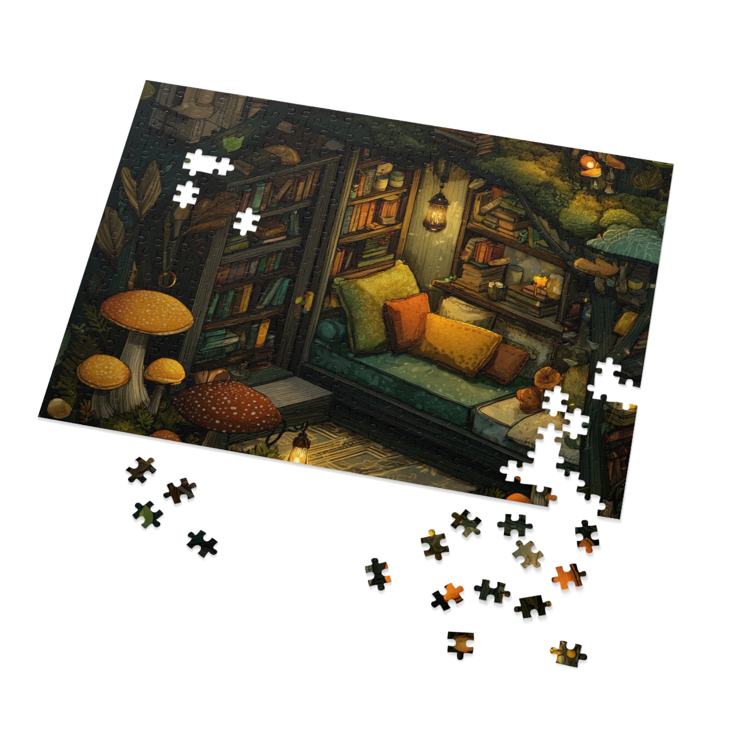 Cozy Mushroom Reading Nook Jigsaw Puzzle with Tin