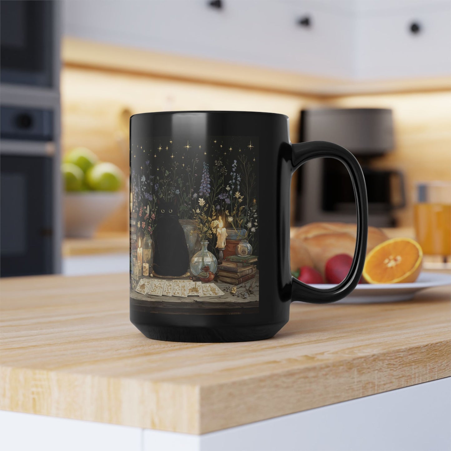 Witchy Black Cat Alchemy Mug — Candlelit Potions & Starry Books (11oz/15oz)