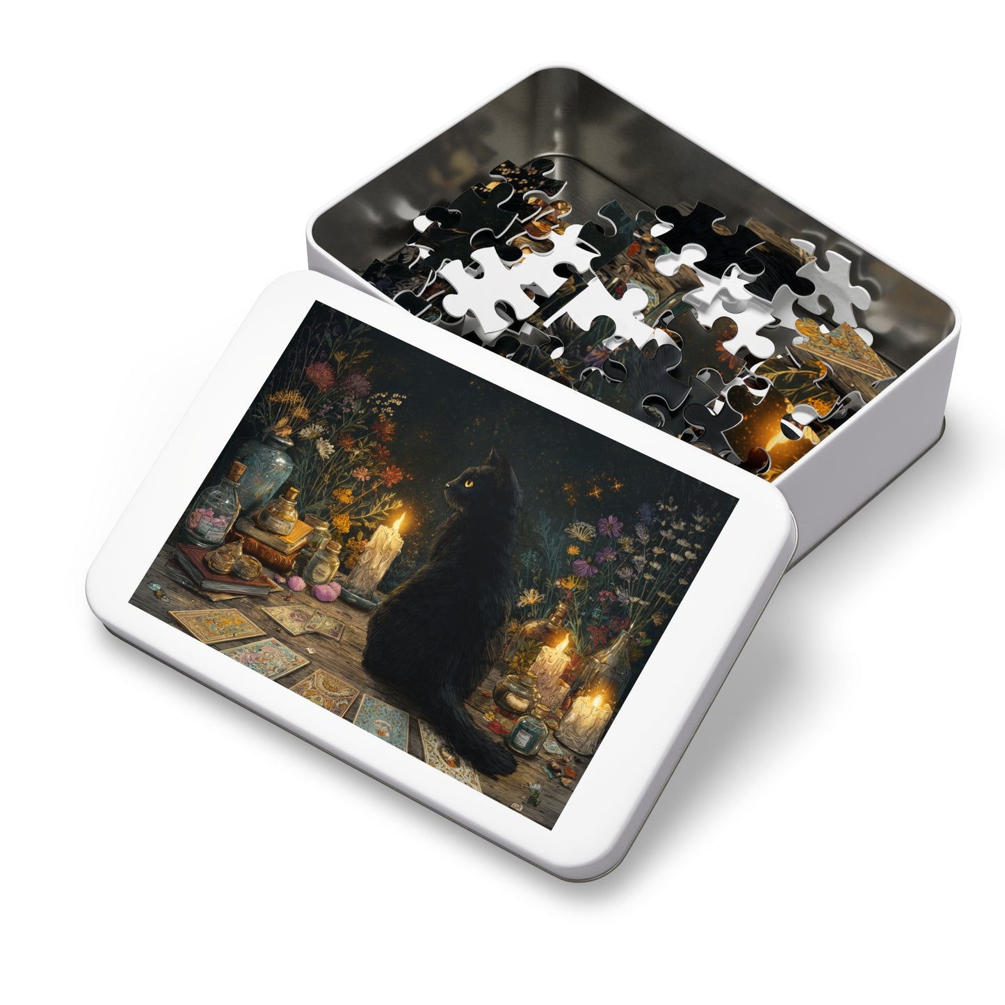 Mystical Black Cat Puzzle,  Enchanted Tarot, Candles & Herbs Jigsaw Puzzle in Gift Tin - Mystical Vibes, Halloween Gift. Gothic Gift