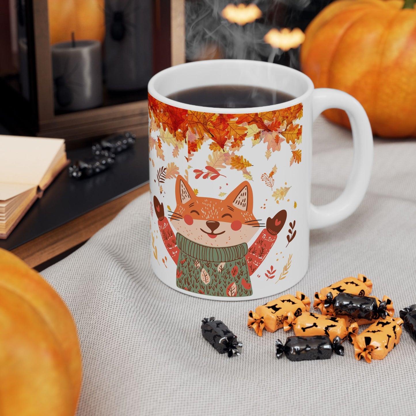 Autumn Fox with Leaves Ceramic Mug, Fall Coffee Mug, Autumn Mug, Thanksgiving Mug, Back to School Mug, Fox Lovers Gift, 11oz and 15 oz mugs