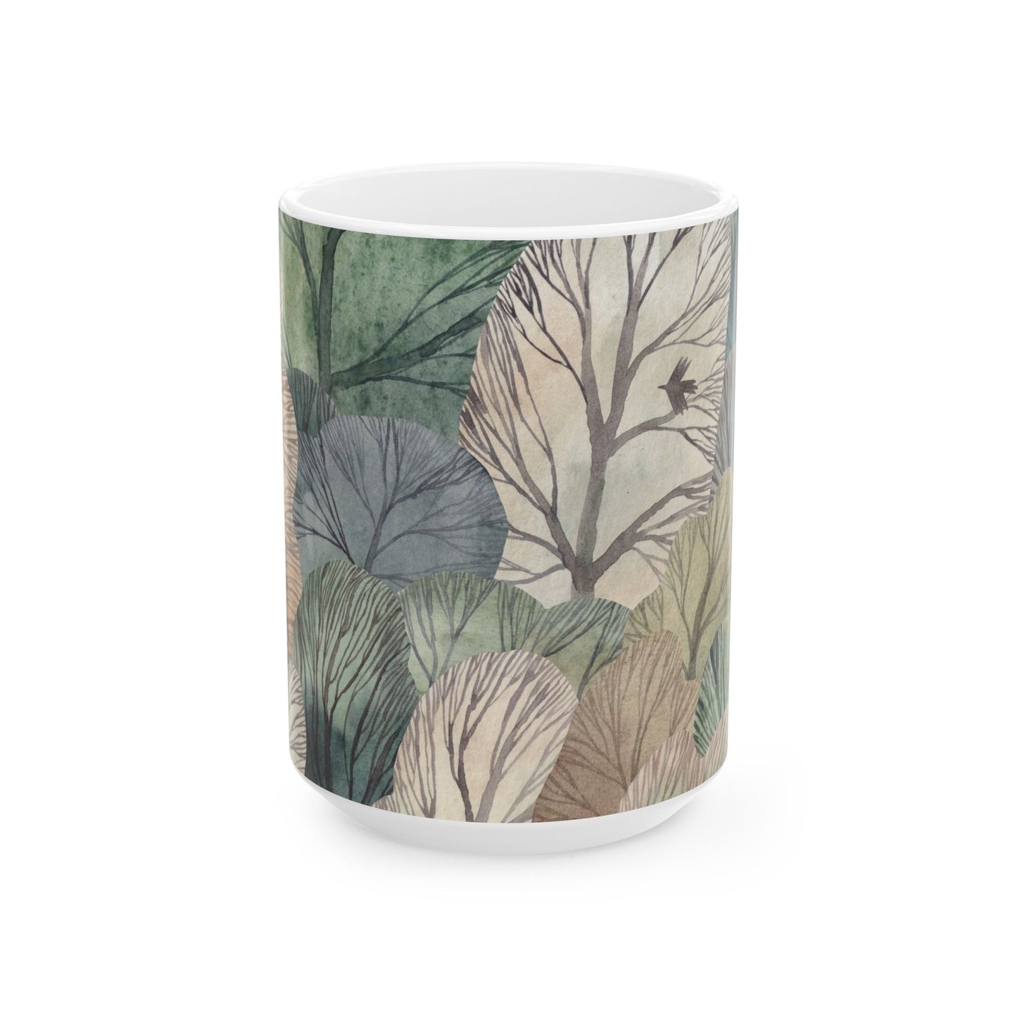 Whimsical Forest Ceramic Mug, Woodland Leaves in Muted Green, Gray and Cream, Cozy Nature Coffee Cup, 11oz & 15oz