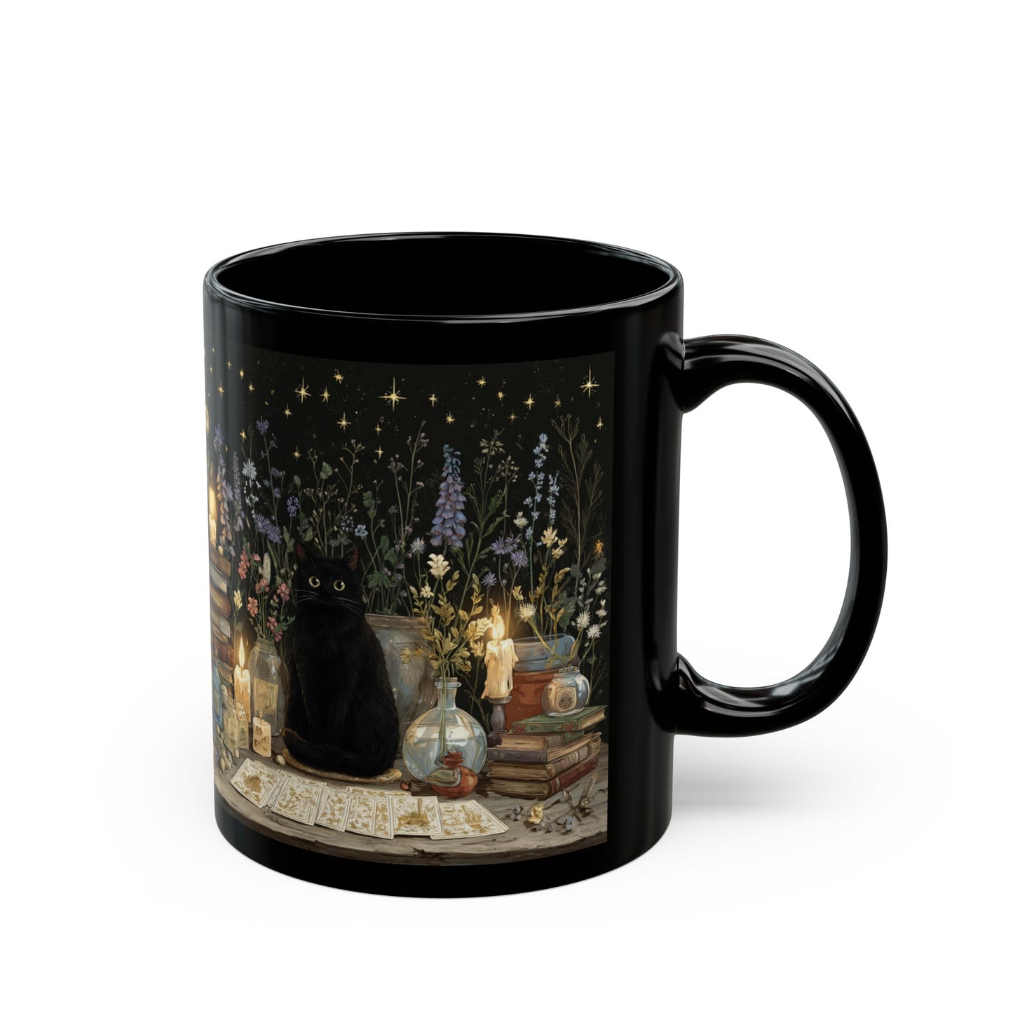 Witchy Black Cat Alchemy Mug — Candlelit Potions & Starry Books (11oz/15oz)