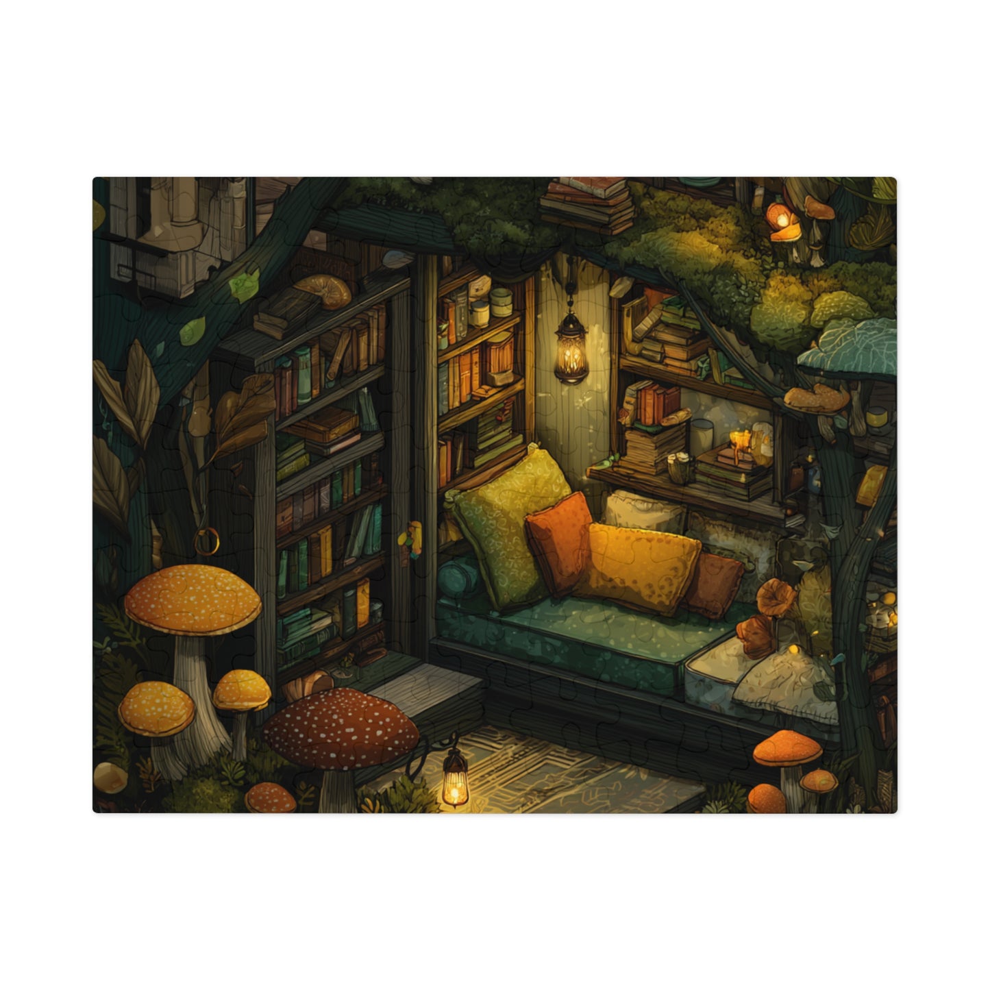 Cozy Mushroom Reading Nook Jigsaw Puzzle with Tin