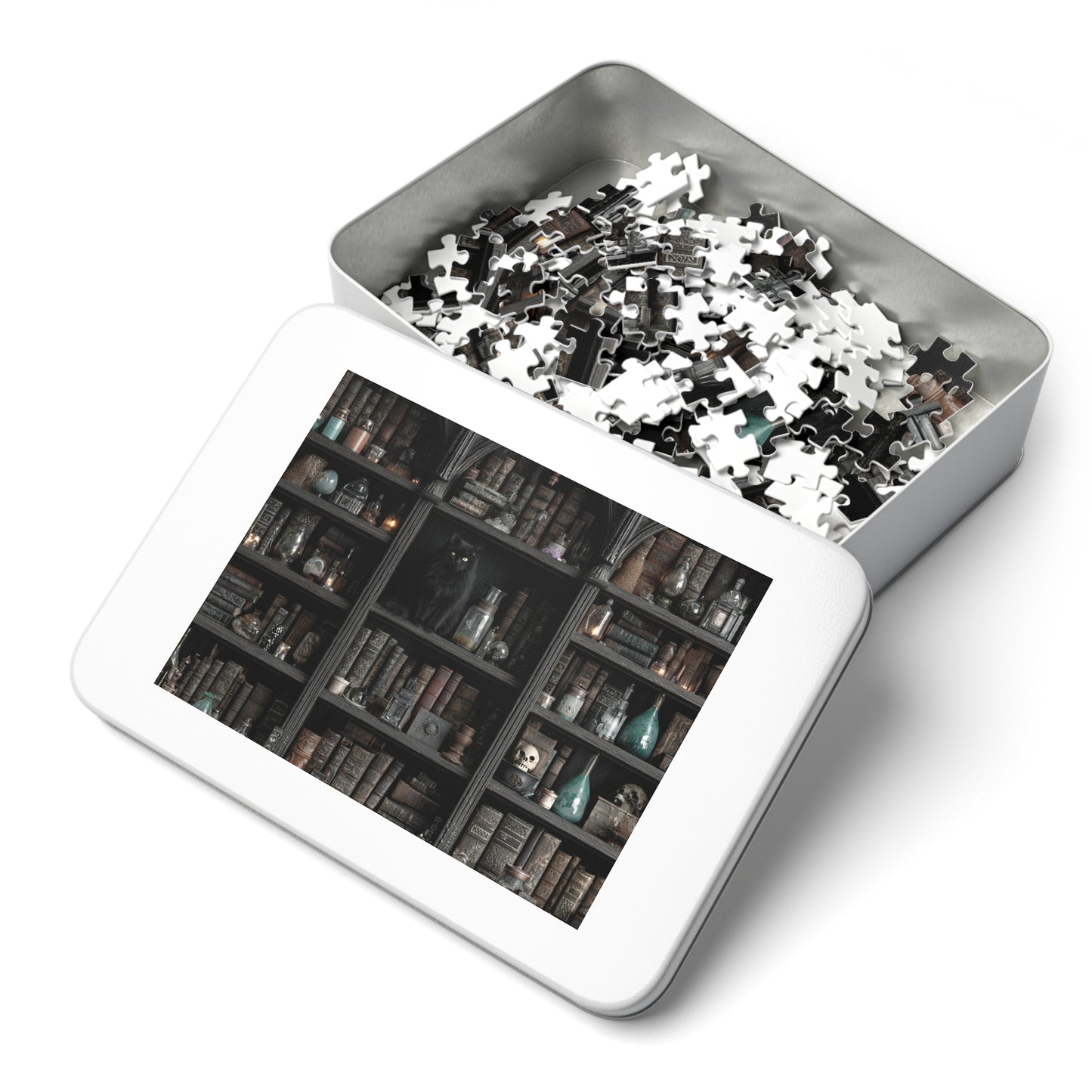 Witchs Shadowy Library Puzzle with a Black Cat, Spellbooks and Enchanted Tomes, Jigsaw Puzzle with tin,  Halloween Gift Idea