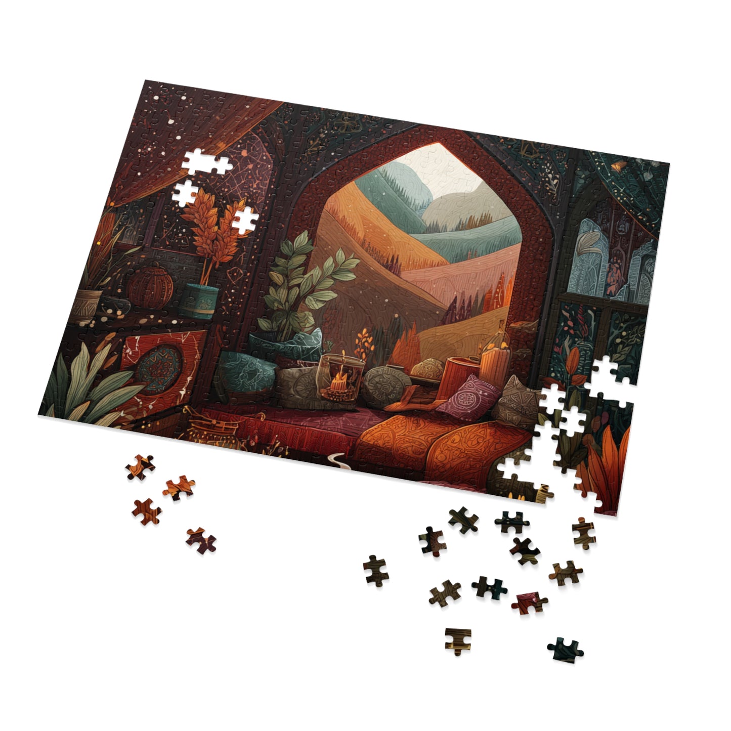 Cozy Autumn Window View Jigsaw Puzzle — 500-Piece Scenic Puzzle with Tin