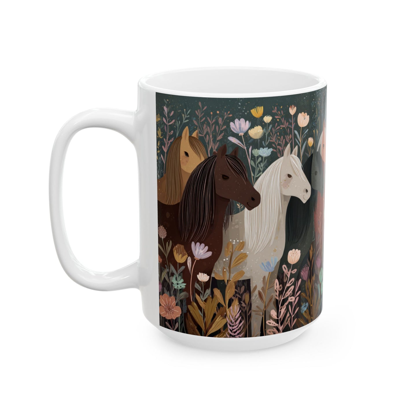 Whimsical Horse Mug, Grazing Horses in a Wildflower Field, Country Farm Coffee Cup, Equestrian Gift, Nature Lover Mug, 11oz and  15oz