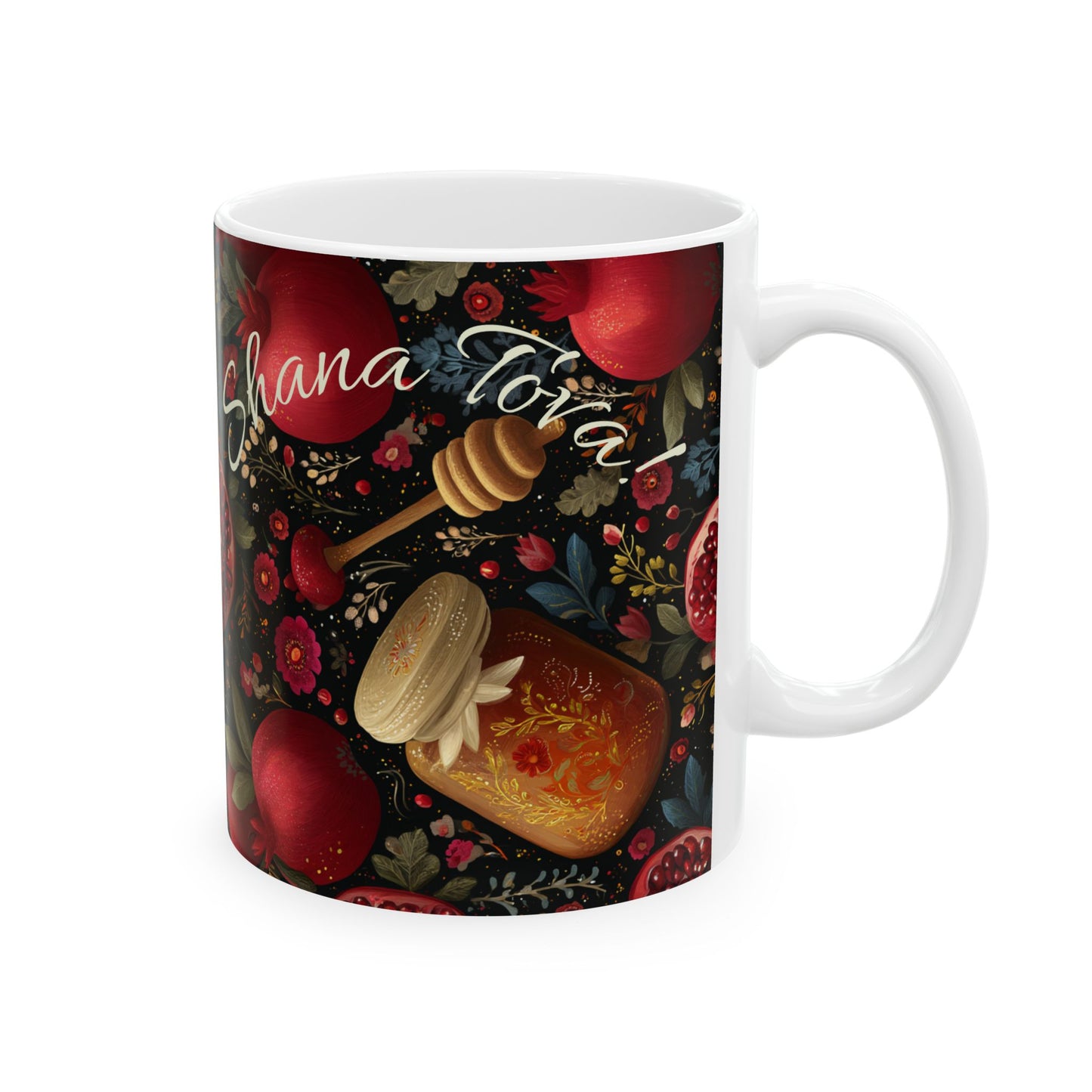 Rosh Hashanah Mug, Ceramic Cup with Honey, Apples, and Pomegranates, Sweet Jewish New Year Gift, 11oz, 15oz, and mugs