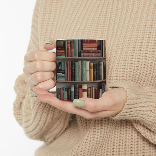 Bookshelf Ceramic Mug | Cozy Book Lover Gift | Reading Coffee and Tea Mug | Book Club Gift | Jazz N’ Coffee Puzzles
