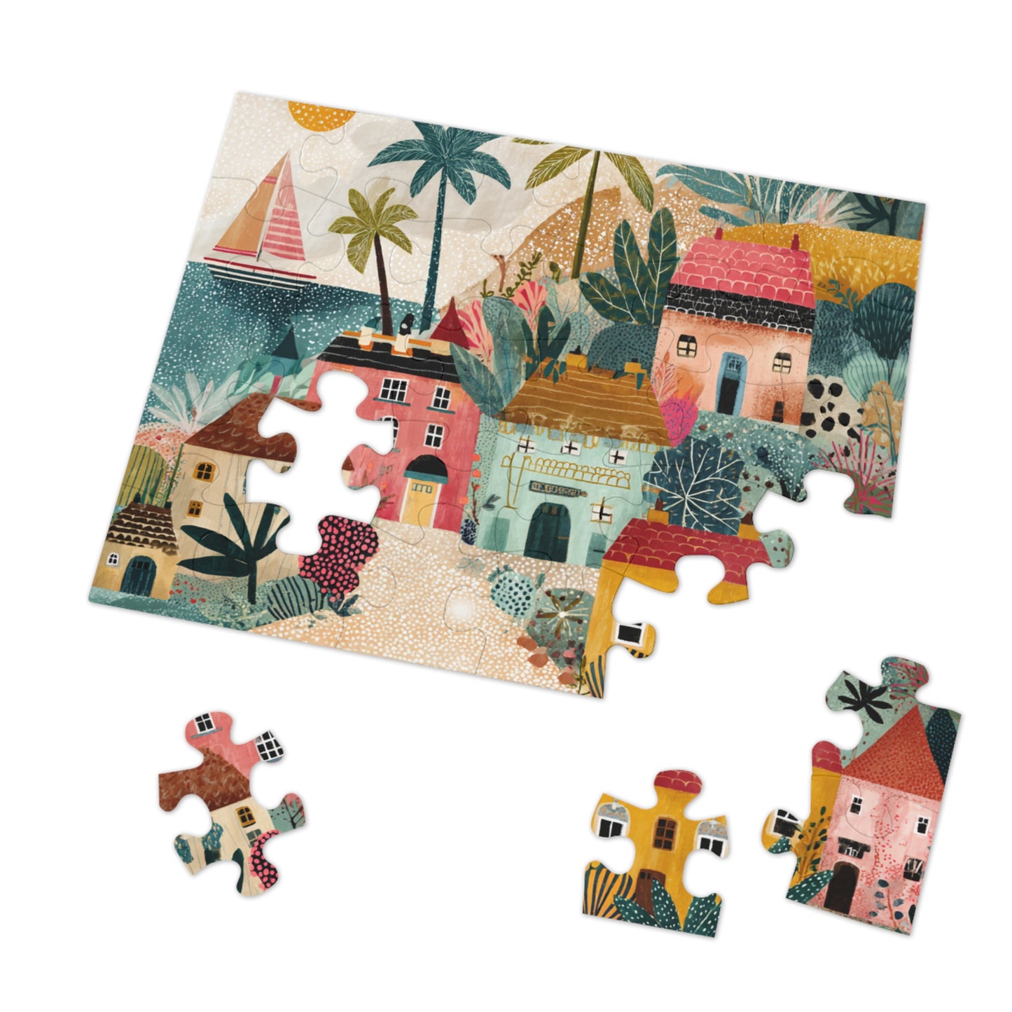 Colorful Coastal Village Jigsaw Puzzle with Tin – Fun Family Activity, Whimsical Folk Art Puzzle, Gift for All Ages