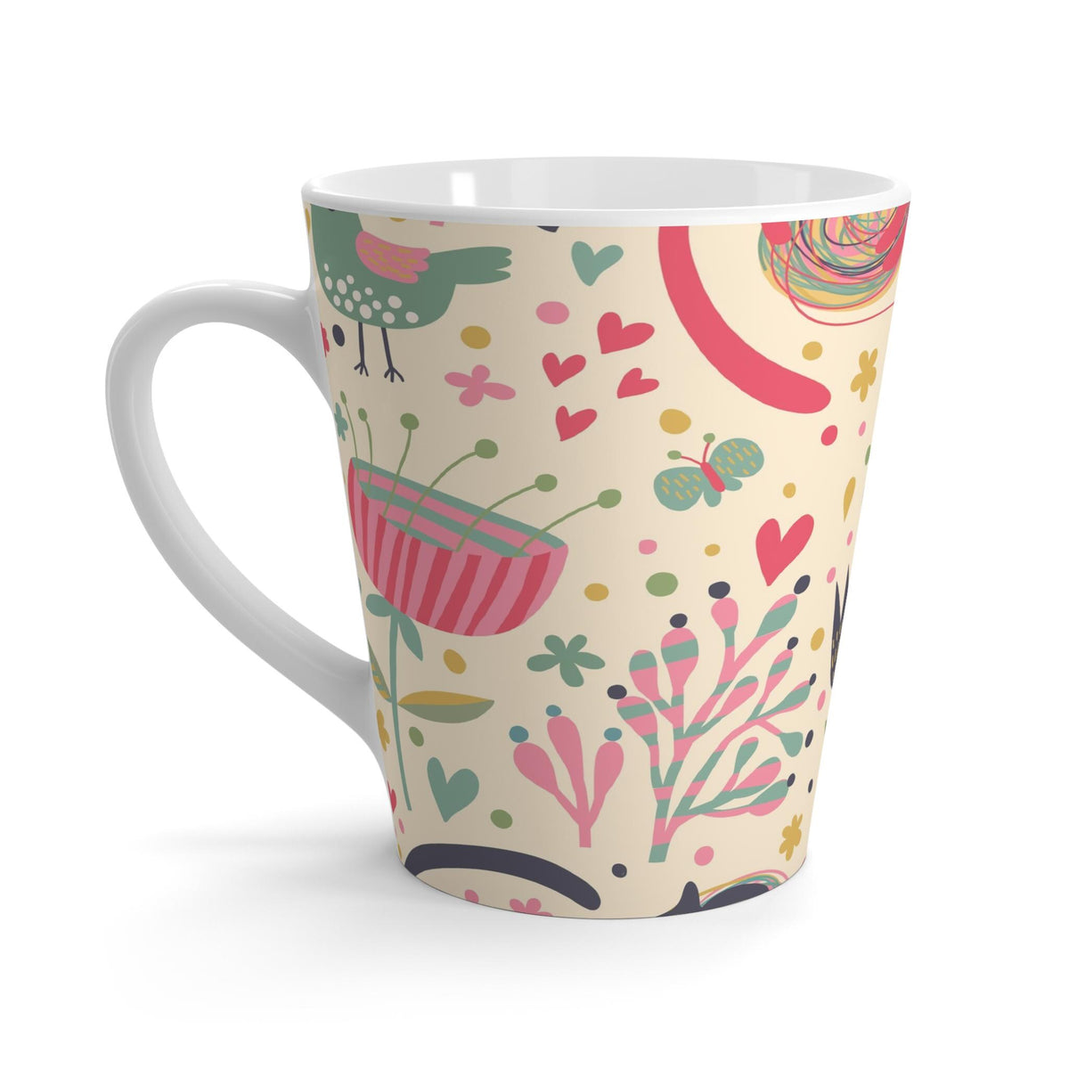 Whimsical Cat Garden Latte Mug - 12oz Colorful Ceramic Mug, Mug for Tea and Coffee Lovers, Orange Cat with Butterflies Mug, Cat Lovers Mug