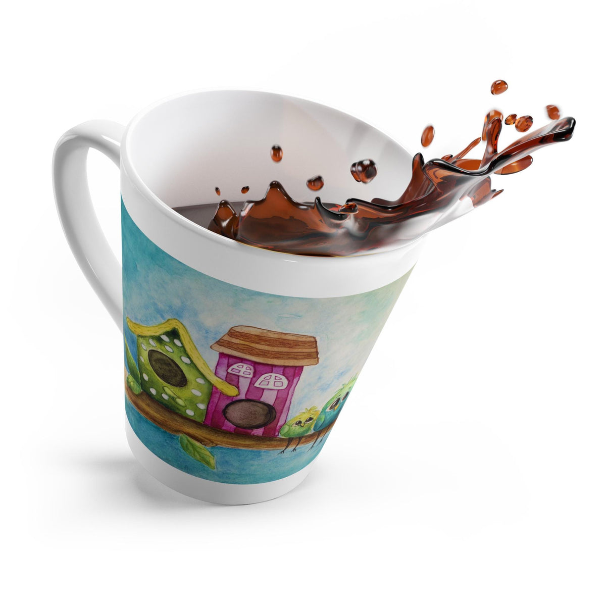 Colorful Birdhouse Latte Mug, 12oz Ceramic Mug, Bright Coffee Cup Gift for Bird Lovers and Nature Fans, Gift for Coffee or Tea Lovers