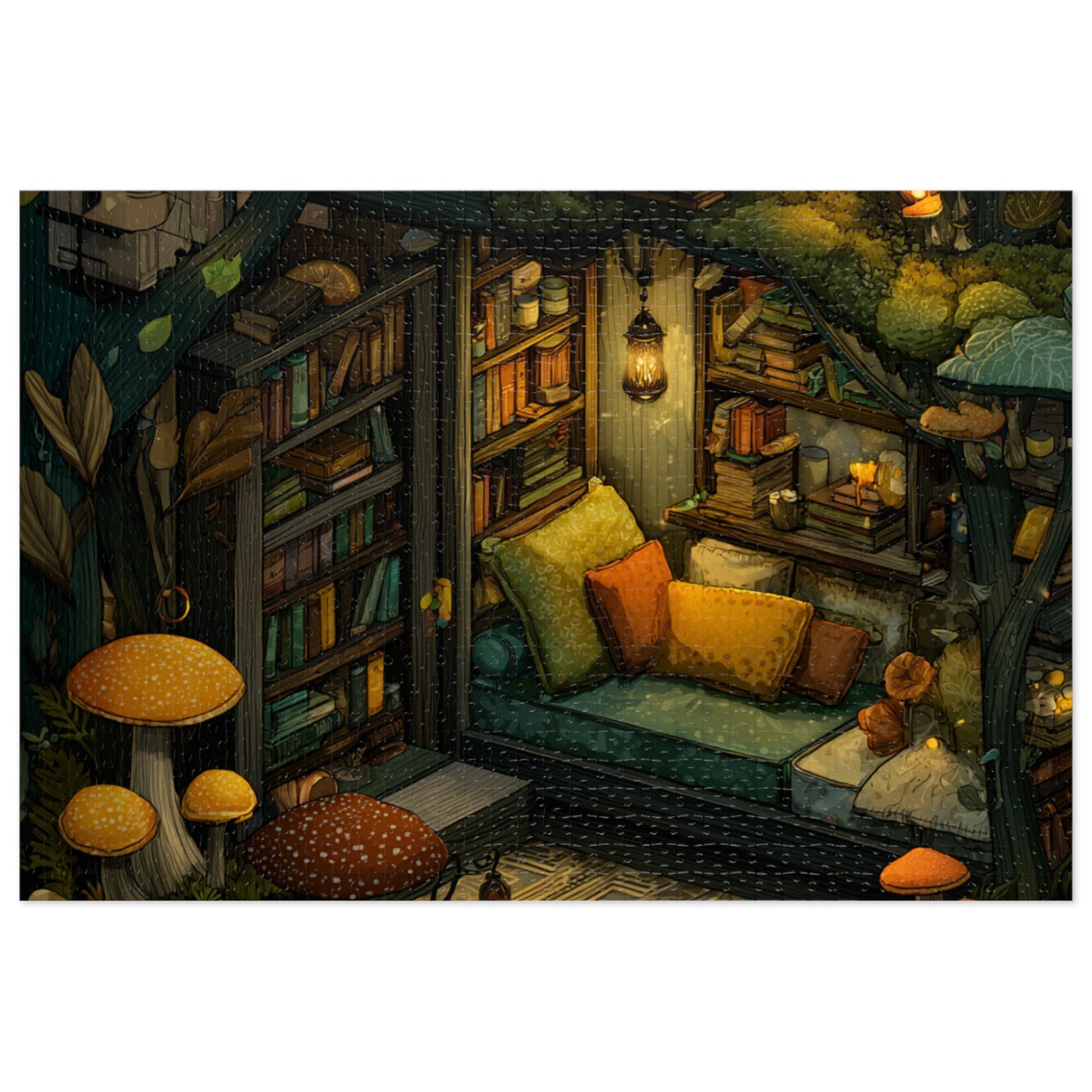 Cozy Mushroom Reading Nook Jigsaw Puzzle with Tin