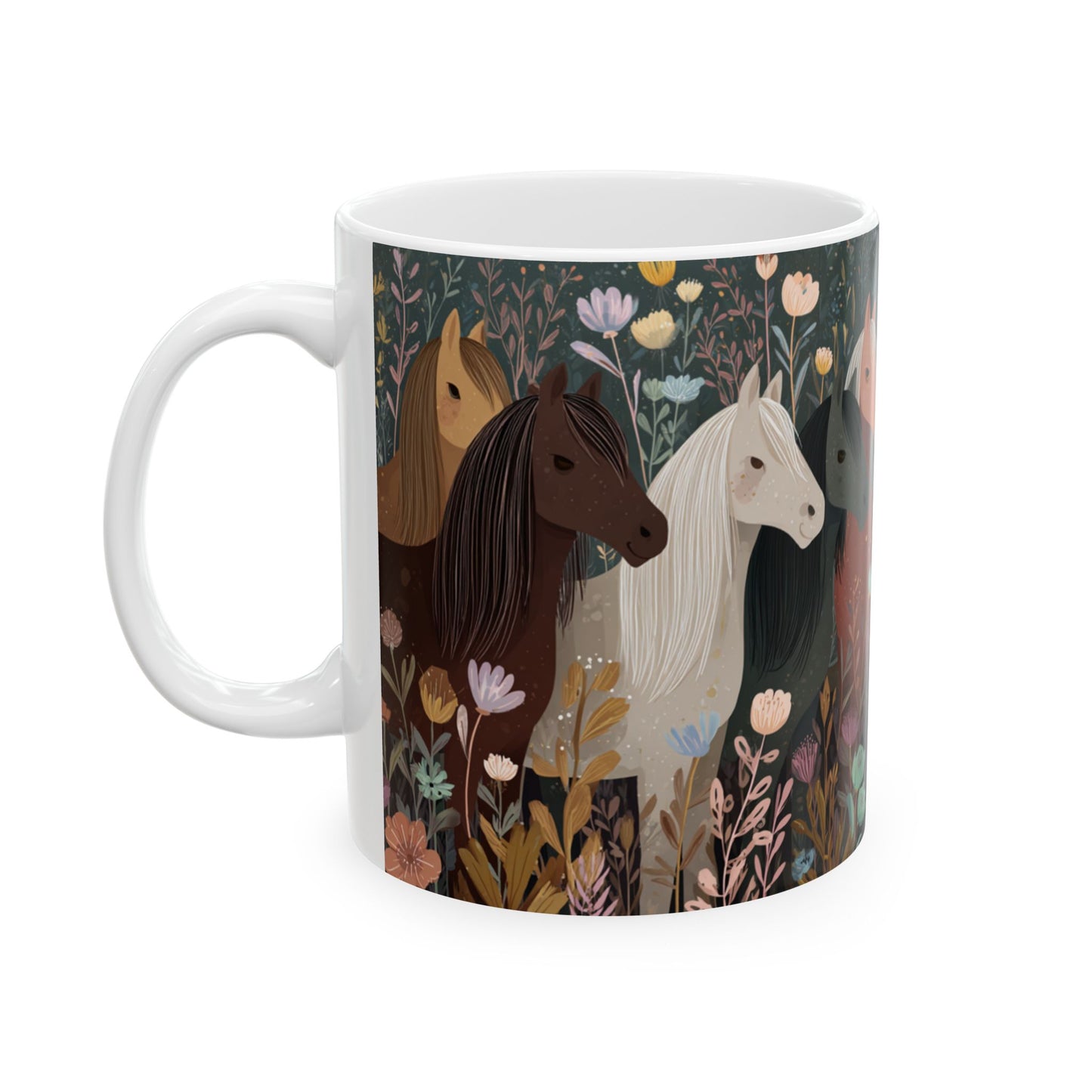 Whimsical Horse Mug, Grazing Horses in a Wildflower Field, Country Farm Coffee Cup, Equestrian Gift, Nature Lover Mug, 11oz and  15oz